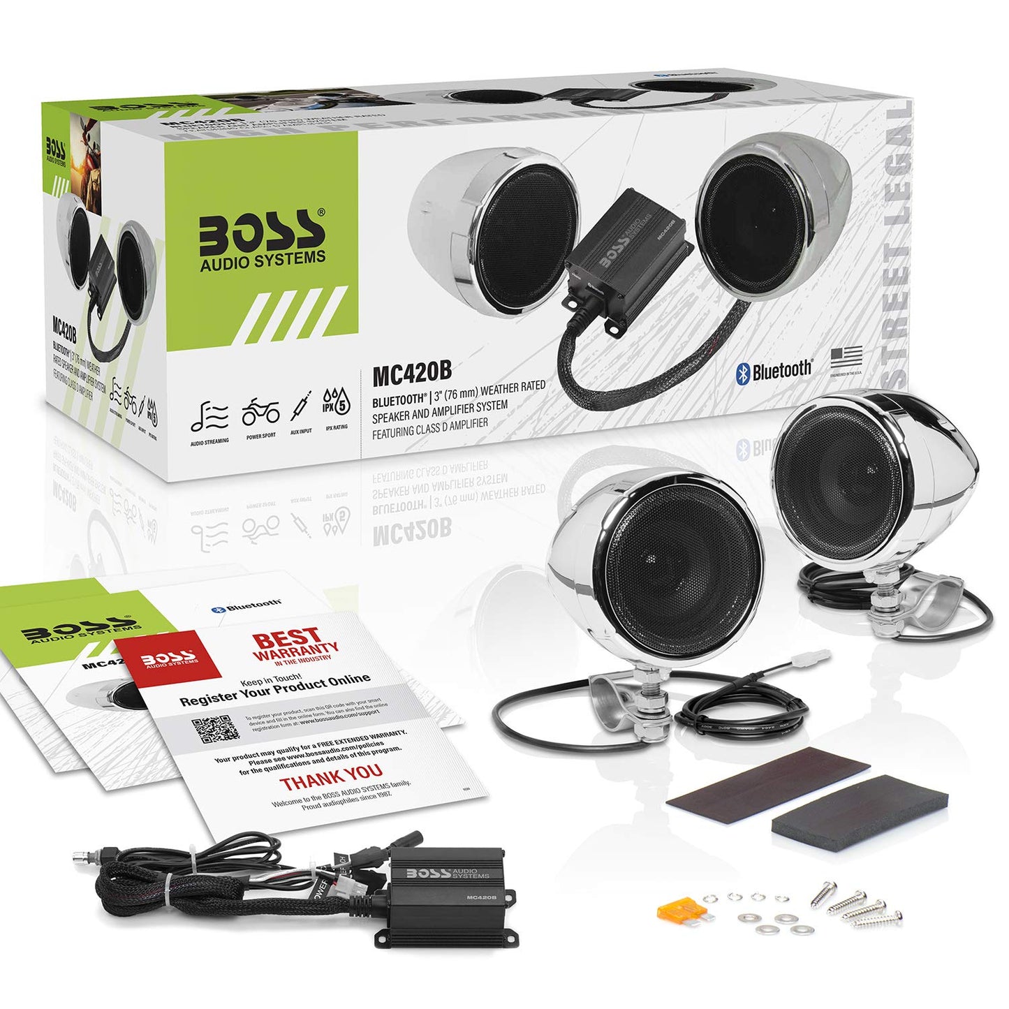 Boss Audio MC420B Bluetooth Enabled Motorcycle/UTV Speaker and Amplifier System, 3" Waterproof