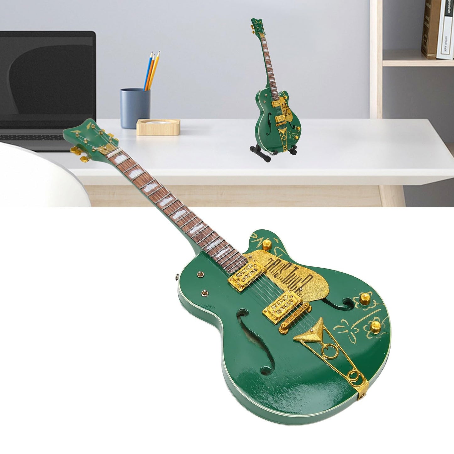 Tyenaza Guitarra Miniatura, Modelo de Guitar de Madera de 10 Pulgadas, Modelo de Guitarras Eléctrica en Miniatura Verde con Soporte y Estuche, Juguete Guitar Acústica Regalo para Niño y Niña