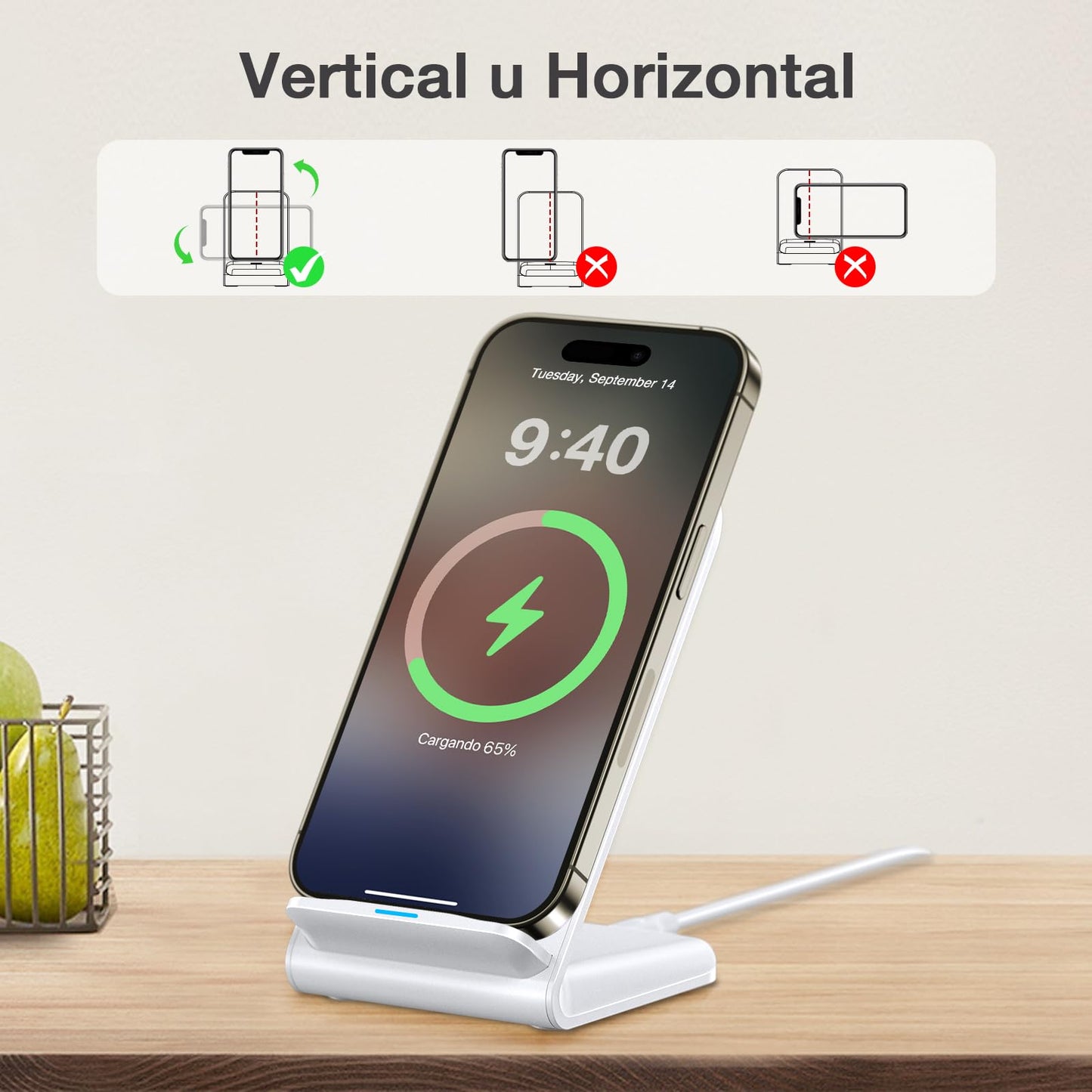 1 Hora Soporte de Cargador Inalámbrico, 15W Wireless Charger con 1M Cable USB C a C Compatible con iPhone 15/14/13/12, Samsung Galaxy S23 S21, Huawei, Xiaomi, Motorola etc (Blanco)