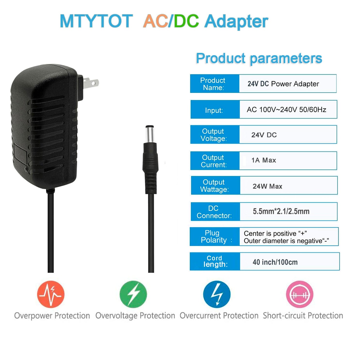 Adaptador de CA Negro para Tira de Luz LED, Cámara CCTV, Bomba de CC 24V 1A 24W Enchufe 5,5mm x 2,5mm