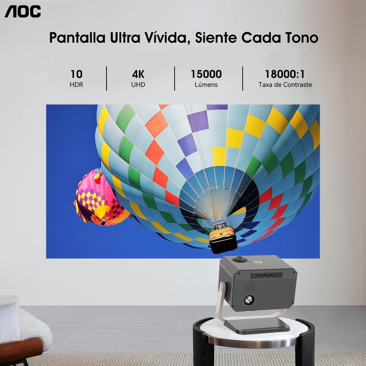 AOC Proyector 4K portátil Full HD, Enfoque automático/correção Keystone/ângulo ajustável, com WiFi6 e Bluetooth, 15000 lúmens, compatível com IOS/Android/PC/PS4/PS5 para trabalho e jogos