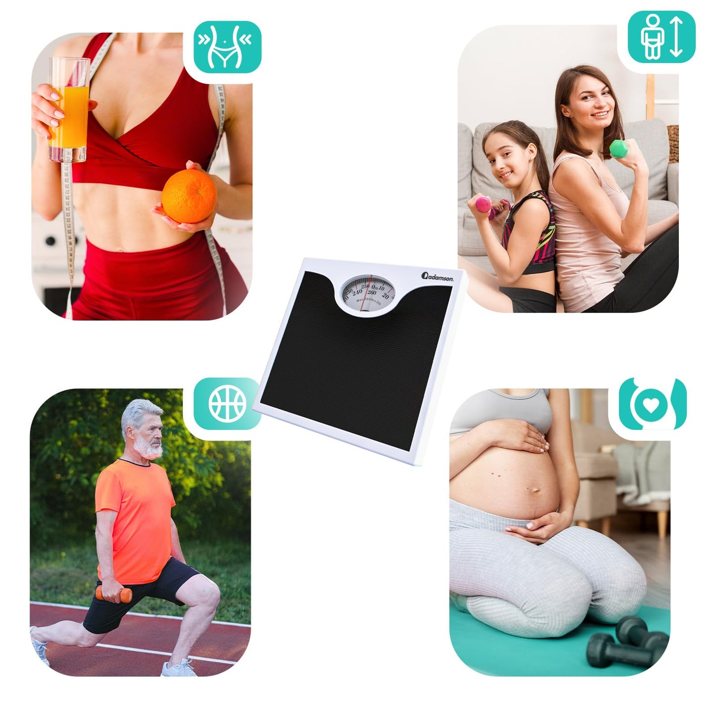 Adamson - Báscula de baño A22 para peso corporal, hasta 260 libras, nueva versión, superficie de goma antideslizante, básculas de peso analógicas para baño, asequible, duradera con garantía de 20