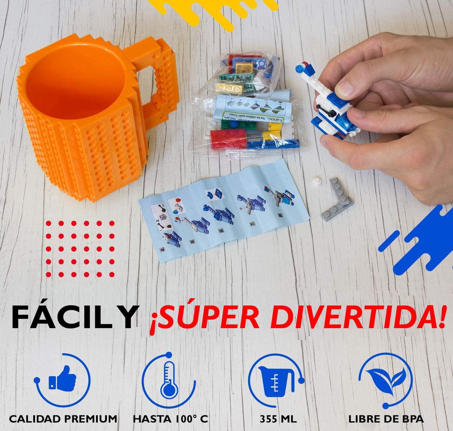 John & John Taza armable de diseño Divertido para Ladrillos, Incluye un muñeco y 2 Sets de Bloques de construcción para Jugar (10 Colores) - Naranja