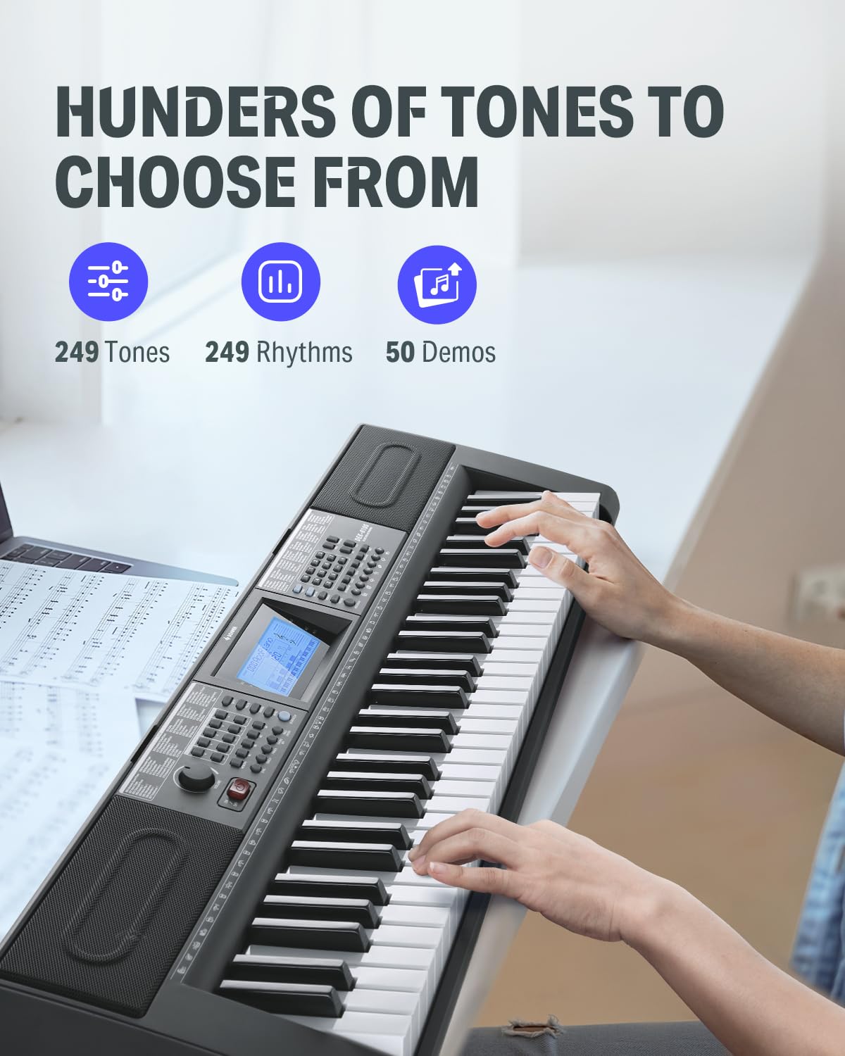 Donner - Piano de teclado de 61 teclas, kit de teclado de piano eléctrico con 249 voces, 249 ritmos, incluye soporte para piano, taburete, micrófono, regalo para principiantes, negro (DEK-610S)