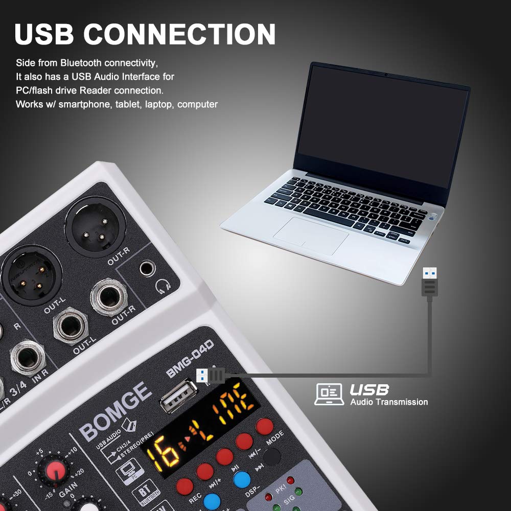 BOMGE 04D portátil Bluetooth 4 canales DJ mezclador de sonido de audio con interfaz USB, entrada de alimentación Phantom de 48 V, 16 efectos de eco para grabación, transmisión en vivo, canto (negro)