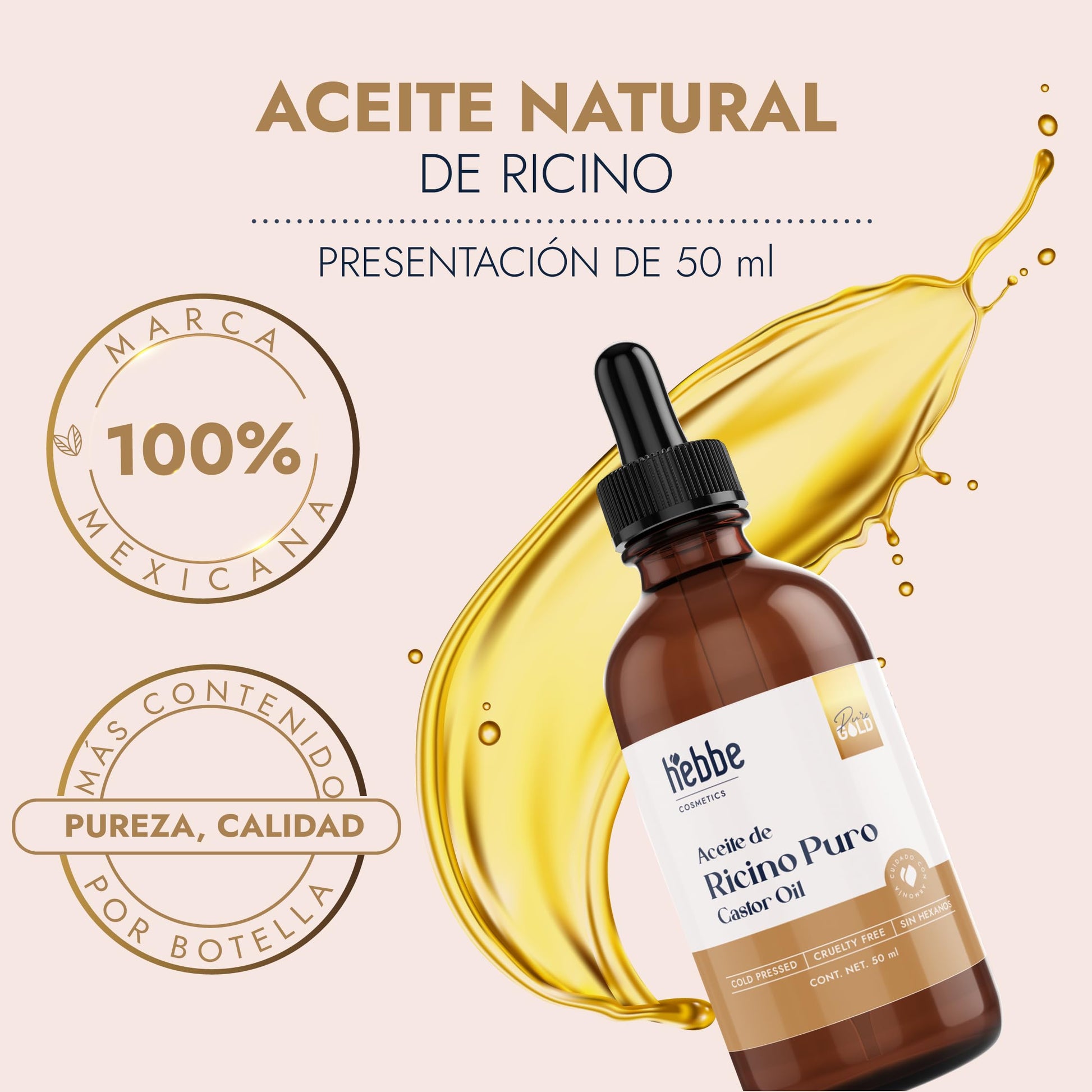 Hebbe - Aceite de Ricino 50 ml. 100% Puro, Hidratante y Antiinflamatorio, Ideal para Piel y Cabello