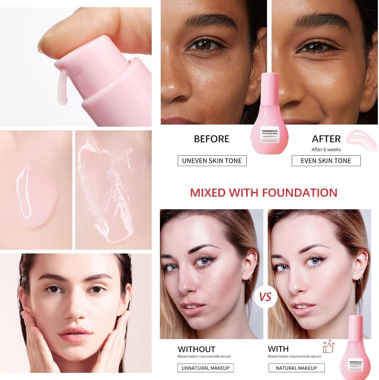 Serum Facial Hidratante e Iluminador con Niacinamida y Sandía, Ácido Hialurónico y Vitamina E, 60ml, Primer para Maquillaje, Paquete de 2