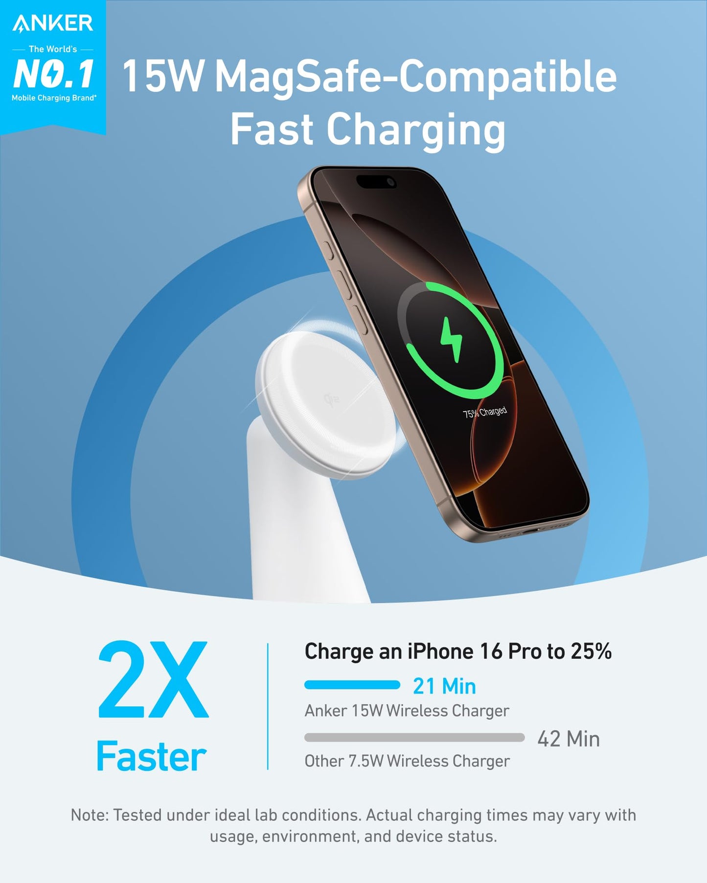 Anker Estación de Carga Inalámbrica 15W, Soporte 2 en 1, Carga Rápida Qi2, Sistema de Carga Dual, Conexión Magnética Segura, Ángulos Ajustables, Diseño Elegante para iPhone 15 Pro y Auriculares TWS