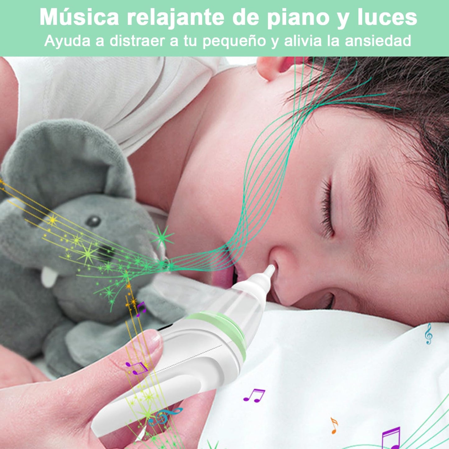 Aspirador Nasal Electrico,Aspirador Nasal Con 3 Cabezales de Silicona, Nivel de Succión Ajustable, Función Relajante con Música y Luz.