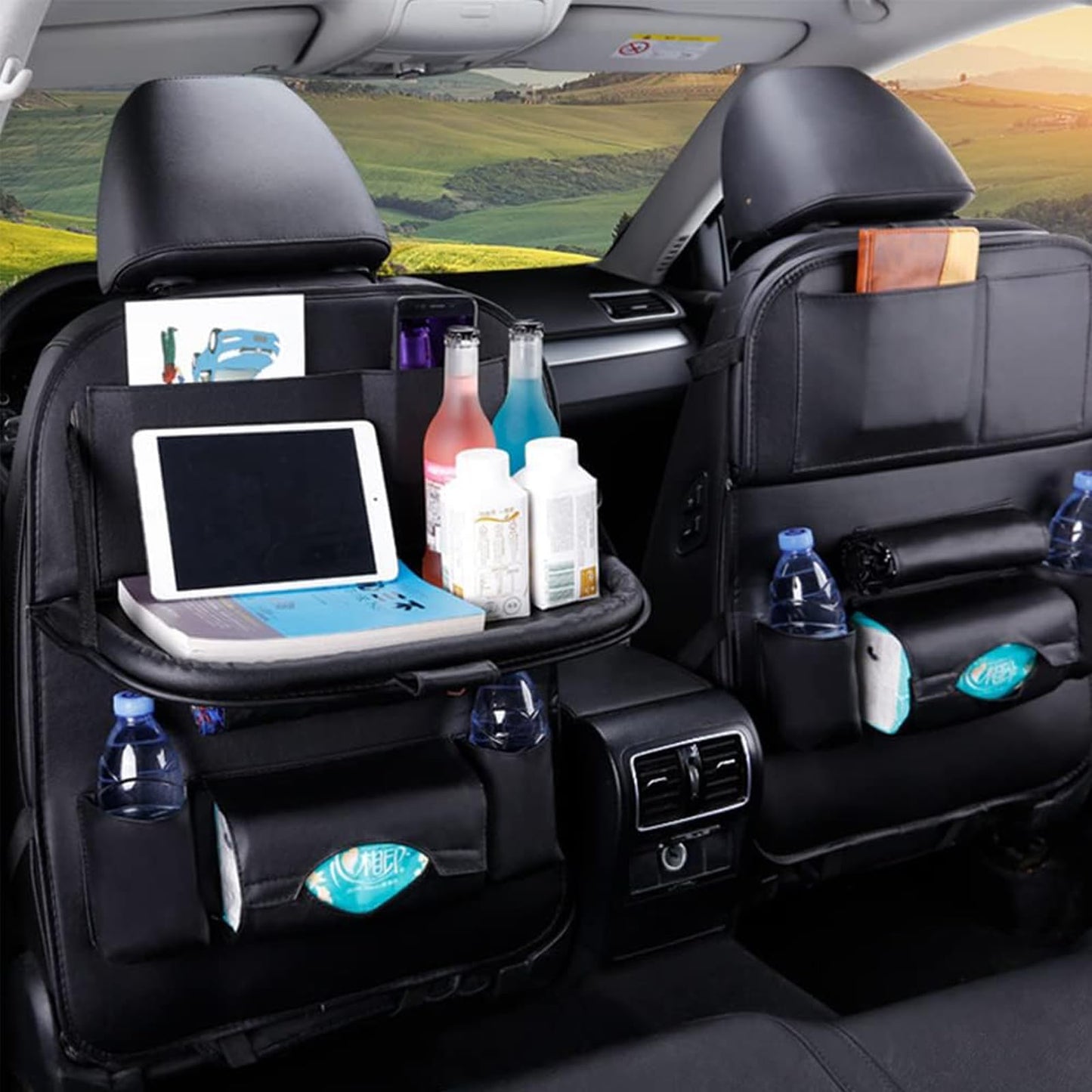 Organizador de Asiento Trasero, Piel Sintética Protectores de Respaldo de Asiento para Auto con 7 Compartimentos, Mesa de Comedor Plegable con Soporte, Espacio para Tableta (Negro)