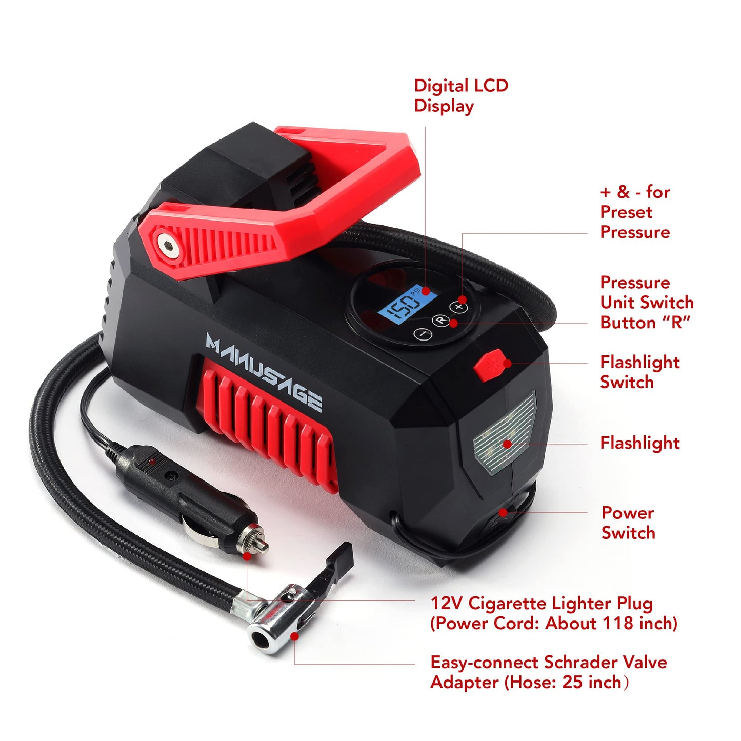Manusage Compresor de Aire inflador de neumáticos portátil para neumáticos de Coche, compresor de Aire Digital de 150 PSI con luz LED de 12 V CC para vehículos, Motocicletas, Bicicletas, inflar Bolas