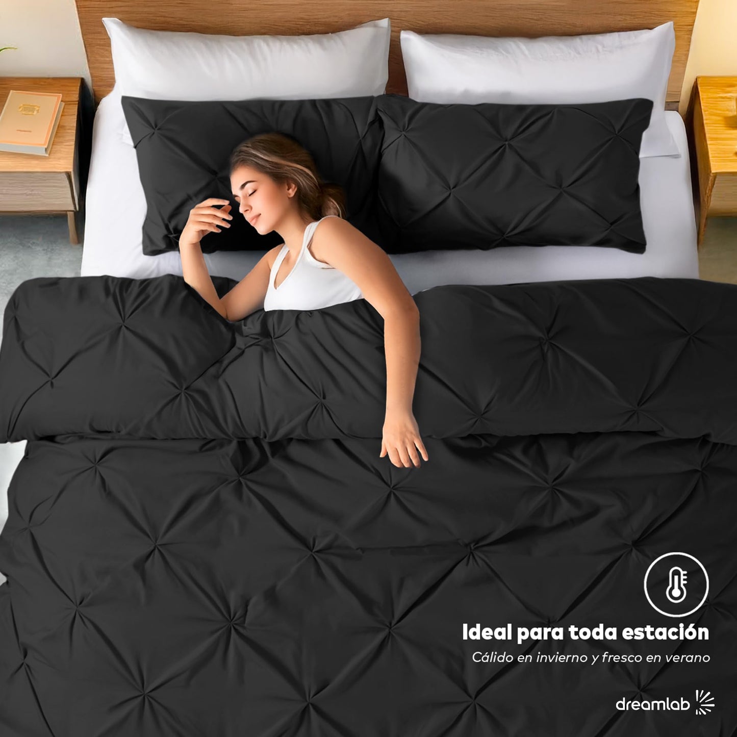 Juego Edredón Dreamlab Negro con Elegantes Pliegues y Funda de Almohada Hipoalergénico para Todo el Año 162x223cm Individual