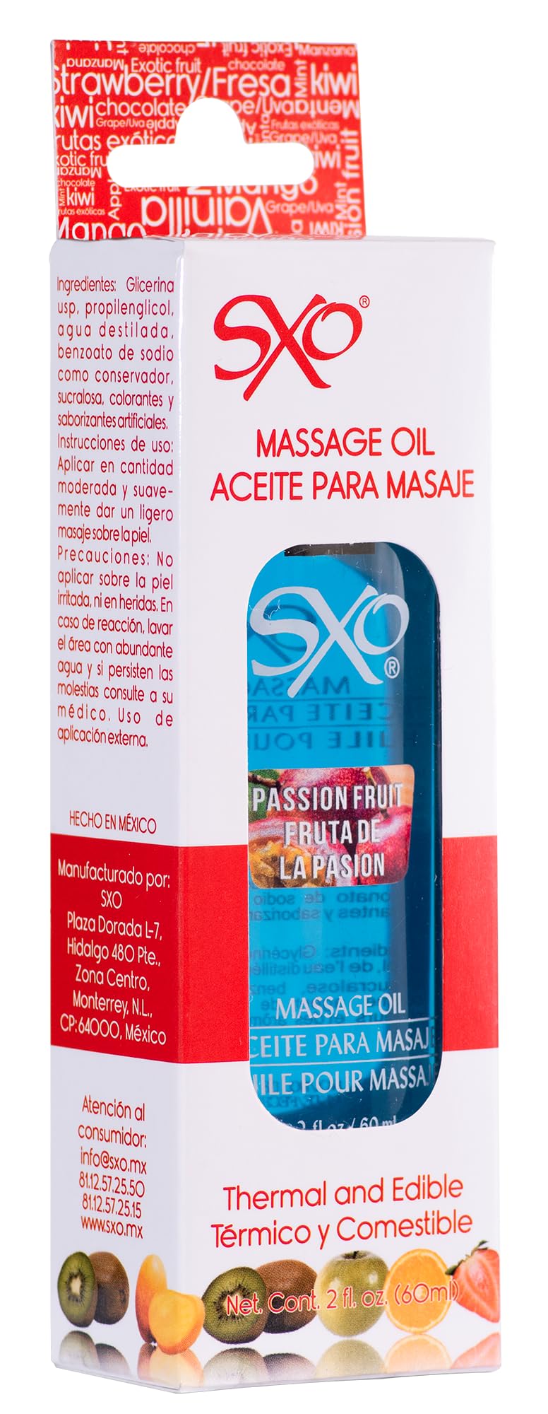 Aceite para Masaje SXO Fruta de la Pasión Térmico y Comestible Grado Alimenticio