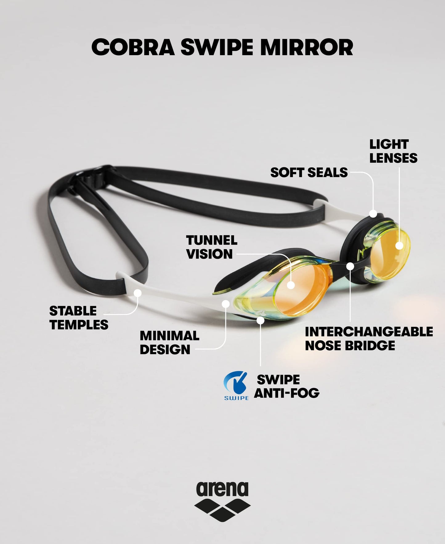 ARENA Cobra - anteojos de natación con Espejo y sin Espejo para Hombres y Mujeres, Color Amarillo Cobre/Negro