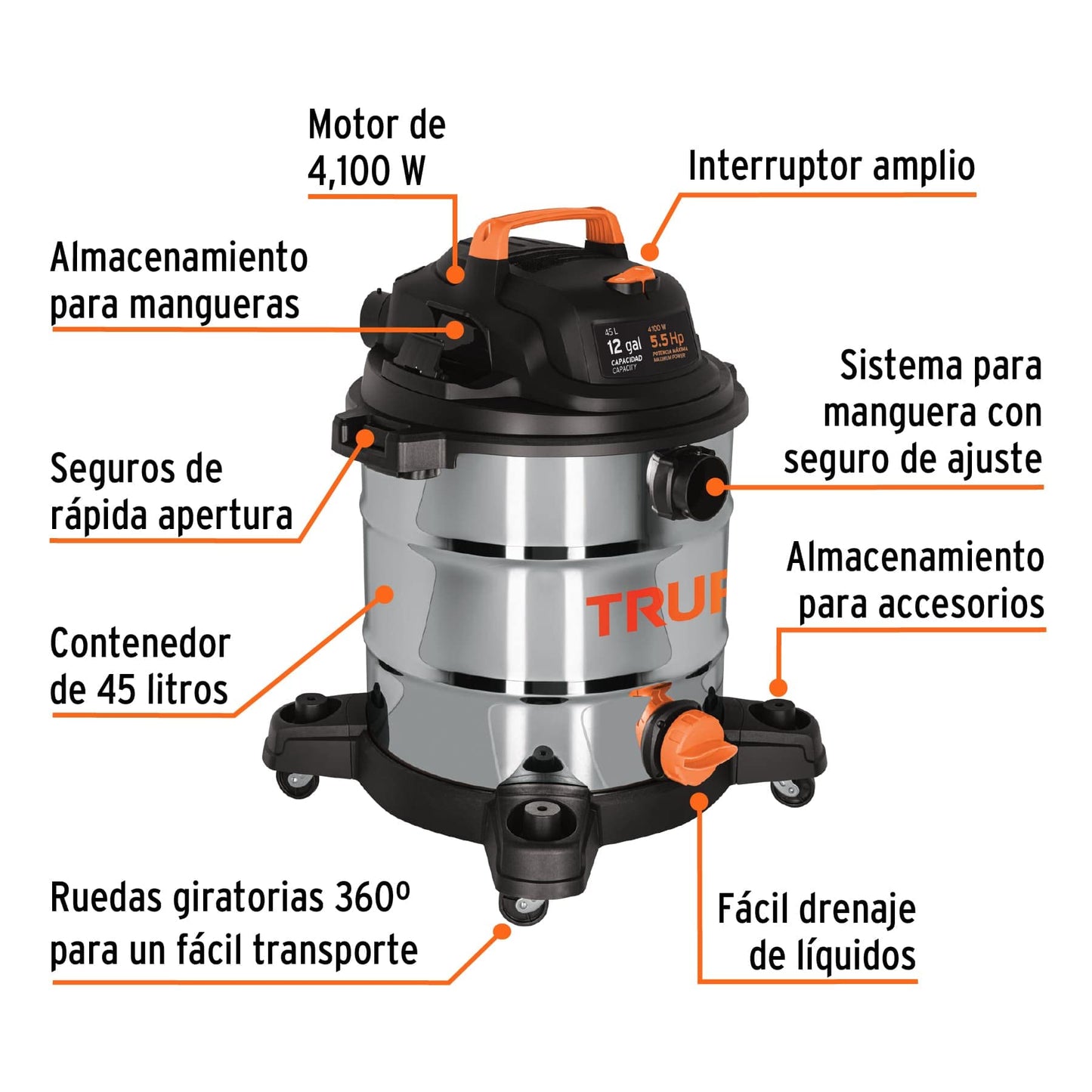 Aspiradora Truper Acero Inox Sólidos y Líquidos 12 GAL