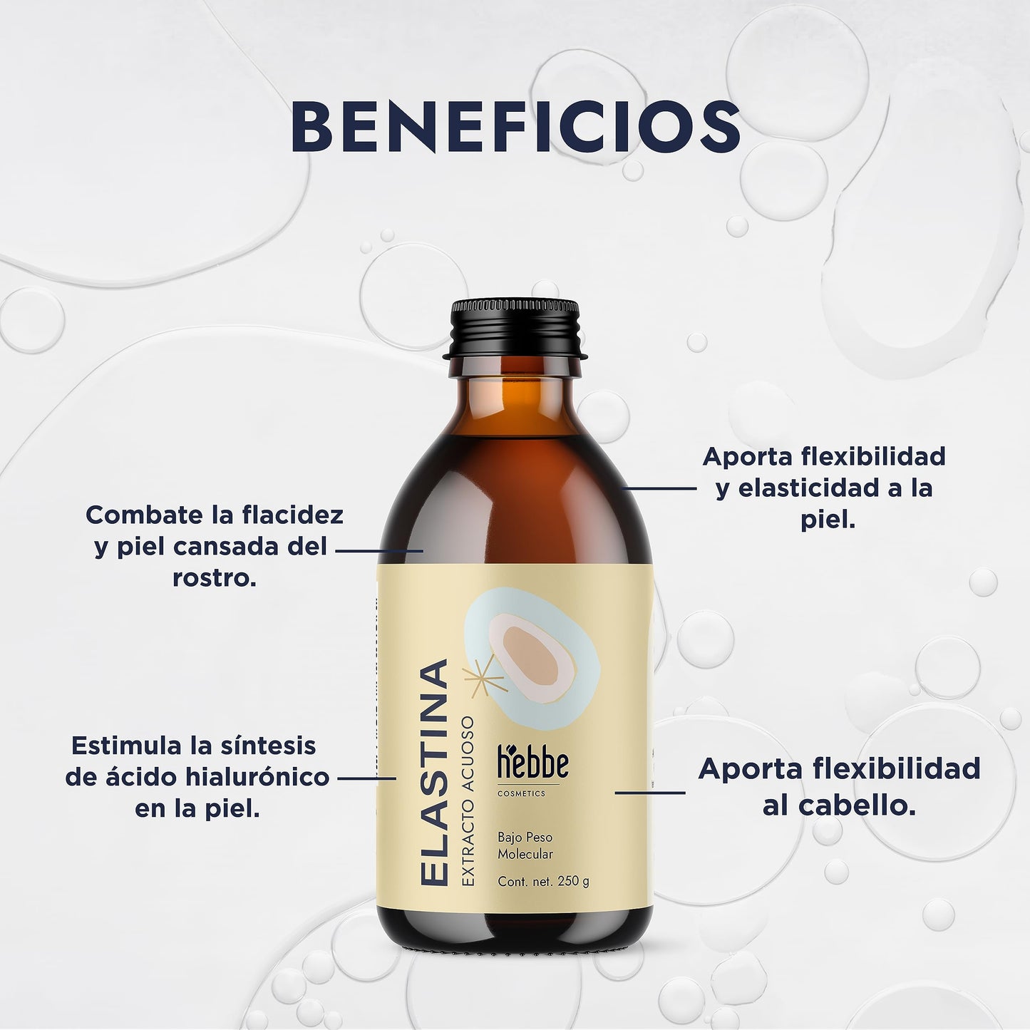HEBBE - Elastina Acuosa 250 g | Anti-Flacidez y Rejuvenecedor Facial | Aumenta Flexibilidad y Elasticidad de Piel | Estimula Síntesis de Ácido Hialurónico | Flexibilizador Capilar | Contenido de 250 g