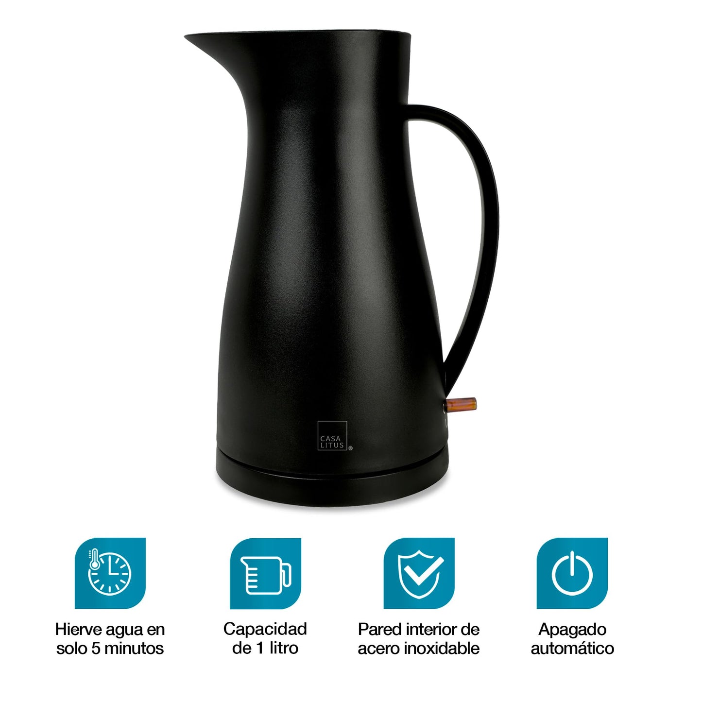 CASA LITUS Tetera Eléctrica Interior de Acero Inoxidable (1 L.), Jarra para Hervir Agua de Diseño Innovador, Hierve Agua en Menos de 5 Minutos, Sistema de Apagado Automático y Luz LED, para Café o Té