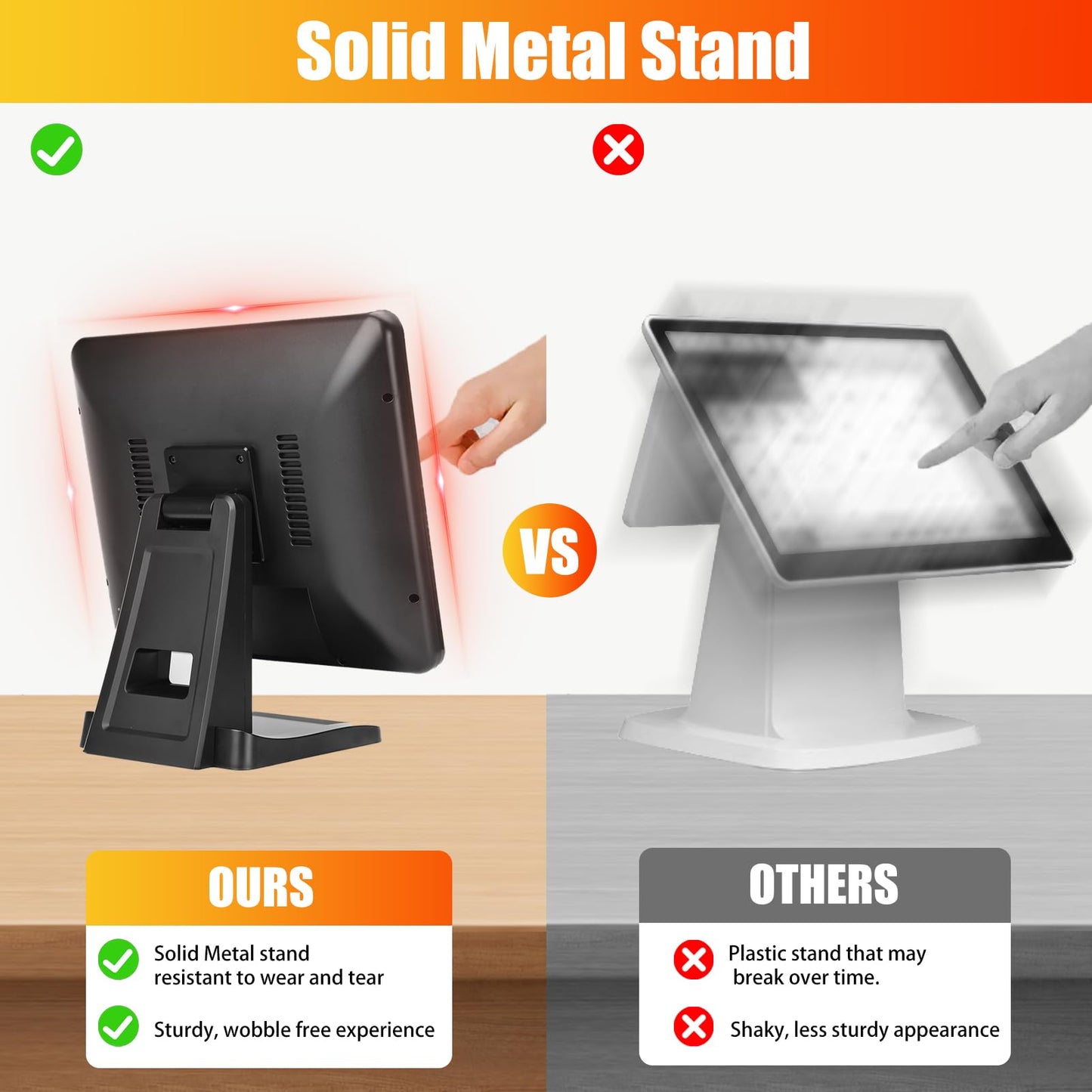 ANGEL POS - Monitor multitáctil capacitivo LED retroiluminado de 15 pulgadas 4:3, visualización táctil de diseño plano sin costuras con soporte de metal POS, para oficina, punto de venta, restaurante,