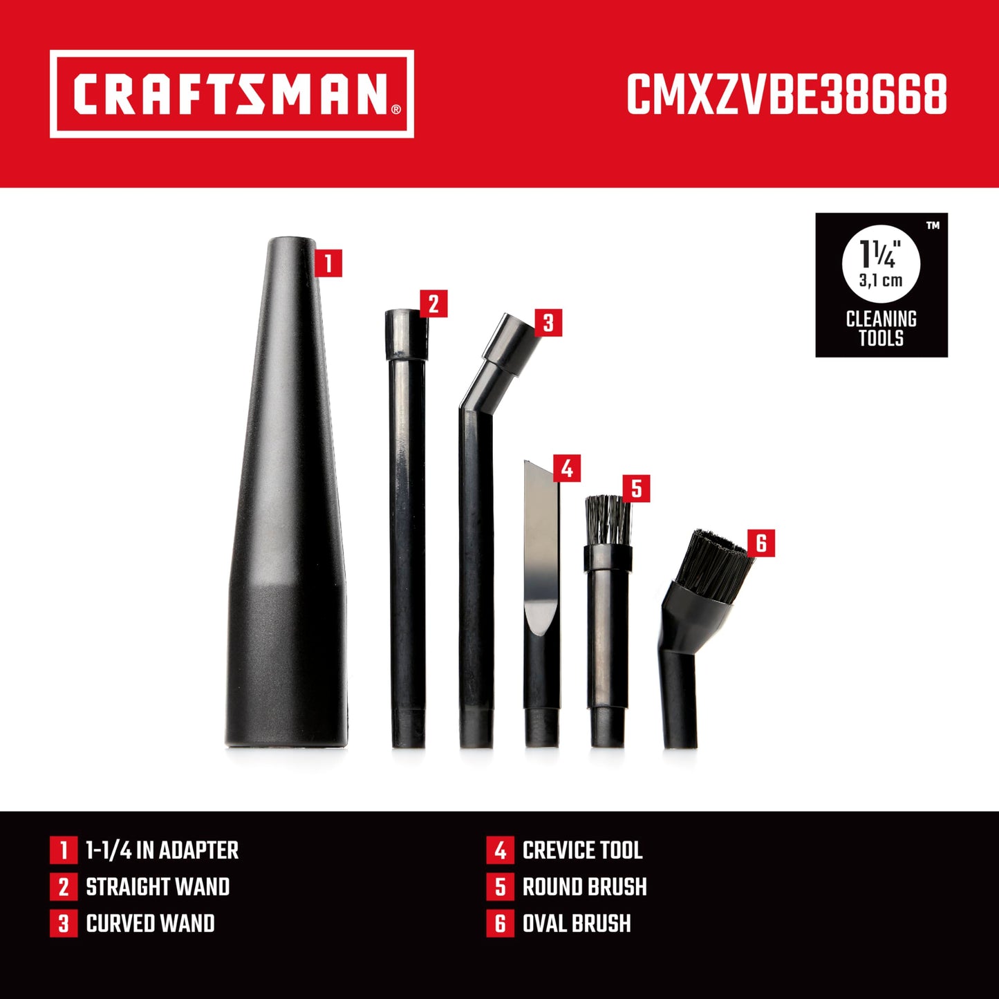 CRAFTSMAN CMXZVBE38668 1-1/4" Kit de 6 Piezas de microlimpieza para aspiradora húmeda y Seca, Accesorios de aspiradora de Grado Industrial para Limpieza intrincada y Detallada, se Adapta a 1-1/4