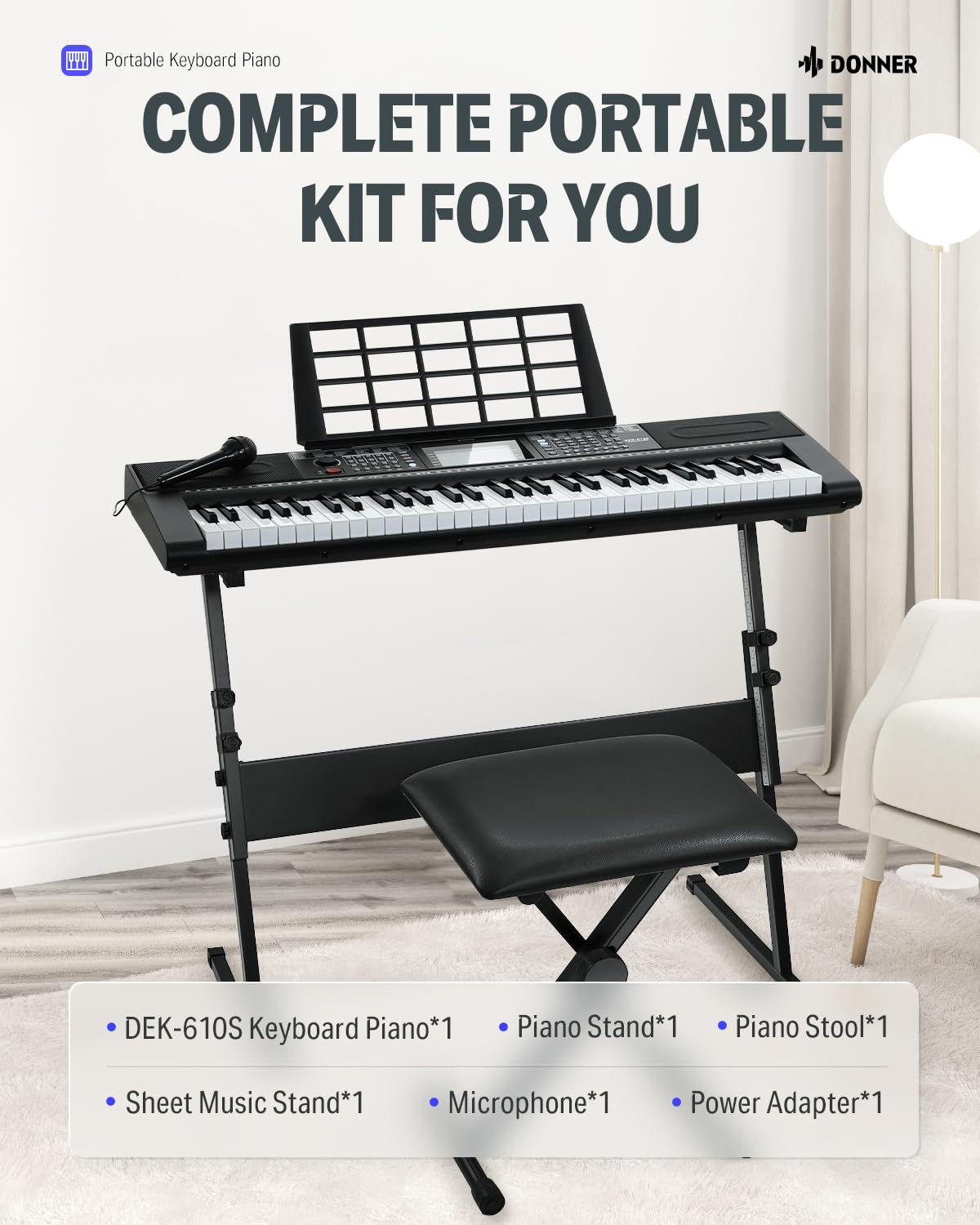 Donner - Piano de teclado de 61 teclas, kit de teclado de piano eléctrico con 249 voces, 249 ritmos, incluye soporte para piano, taburete, micrófono, regalo para principiantes, negro (DEK-610S)