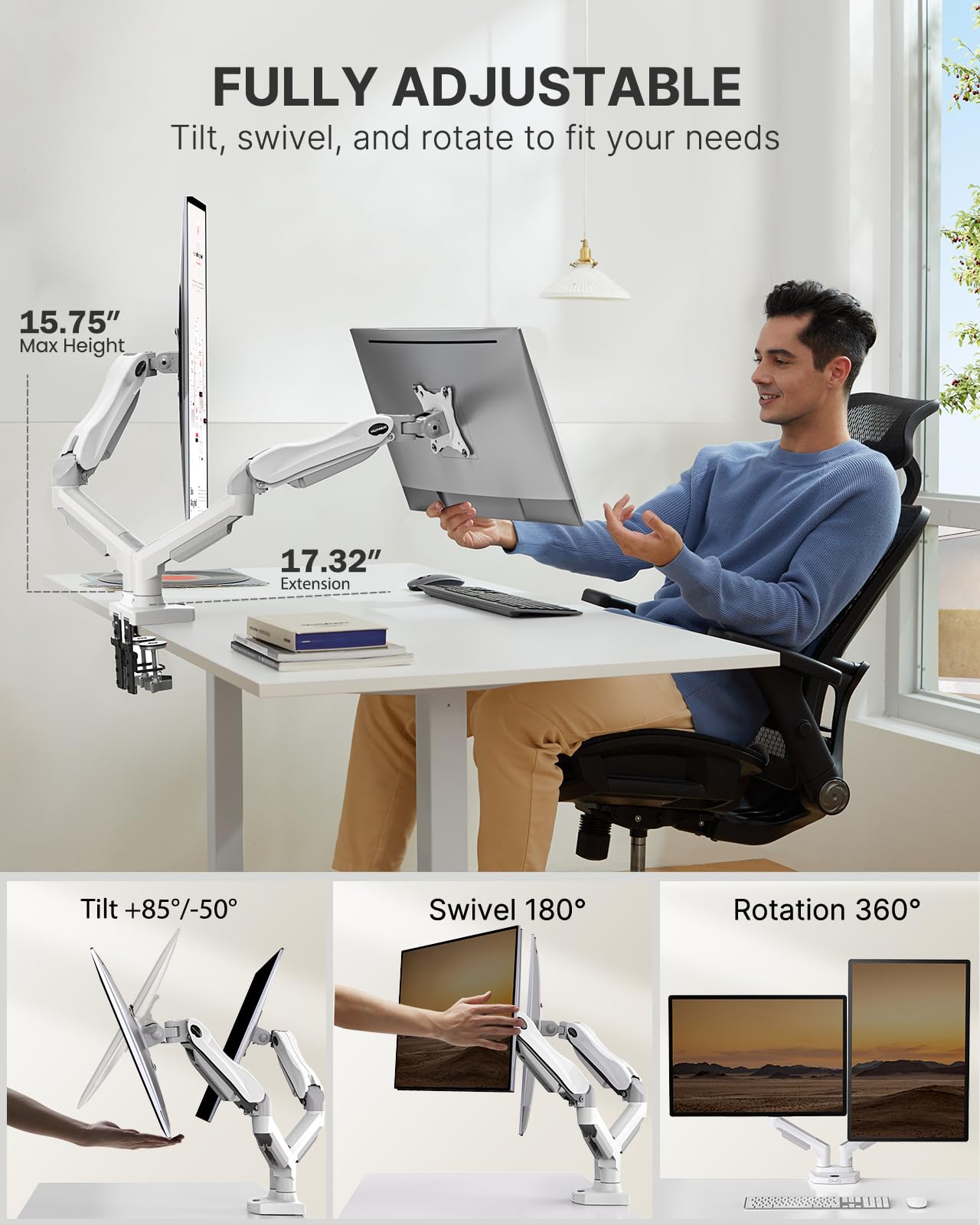 HUANUO Soporte Doble Monitor, Brazo para Monitor Totalmente Ajustable, Montaje VESA con Abrazadera en C y Base de Ojal para Pantallas de 13 a 32 Pulgadas, Cada Brazo Soporta de 2 a 9 KG-Blanco