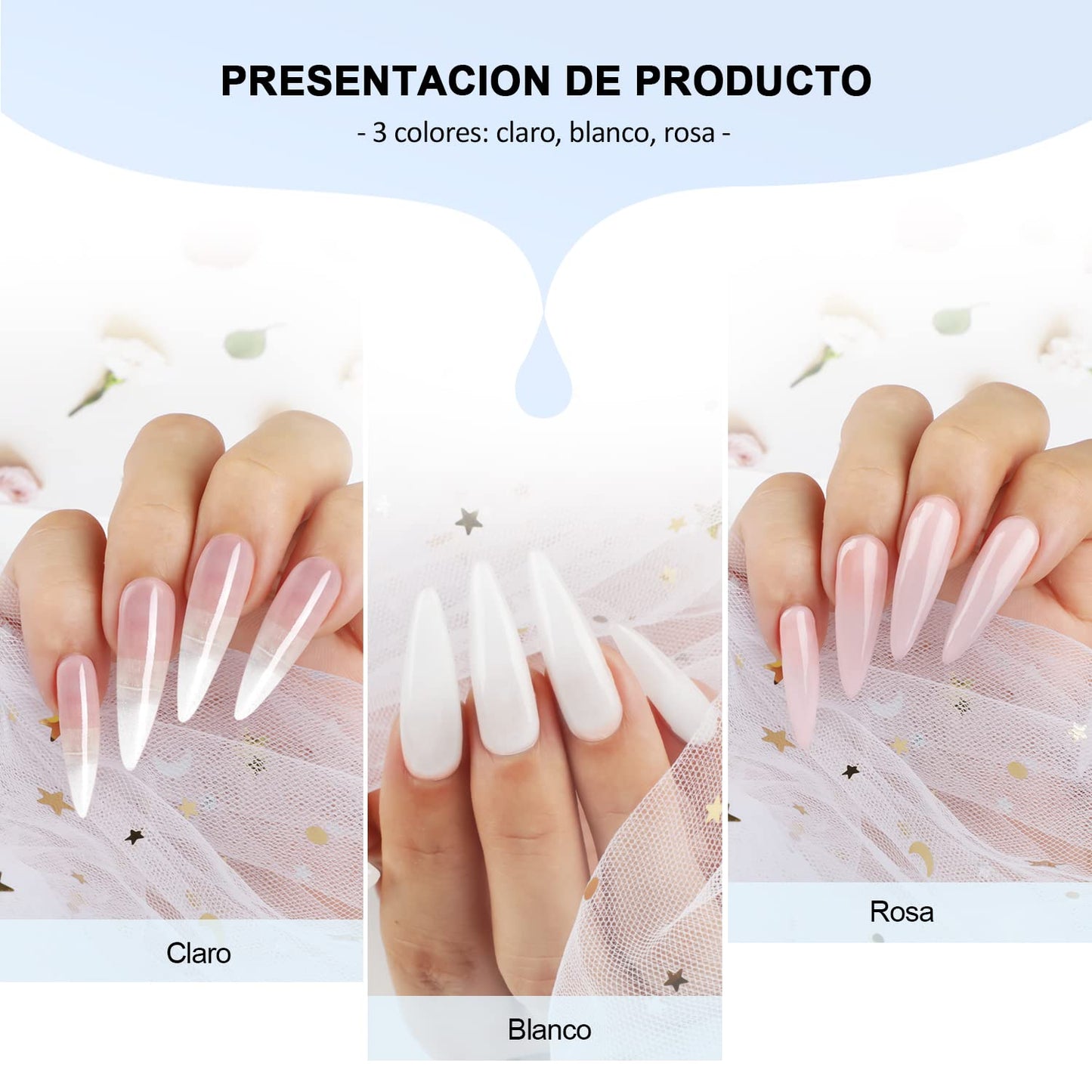 Morovan Polvo Acrílico para Uñas Kit (3 Colores) - Ideal para Principiantes
