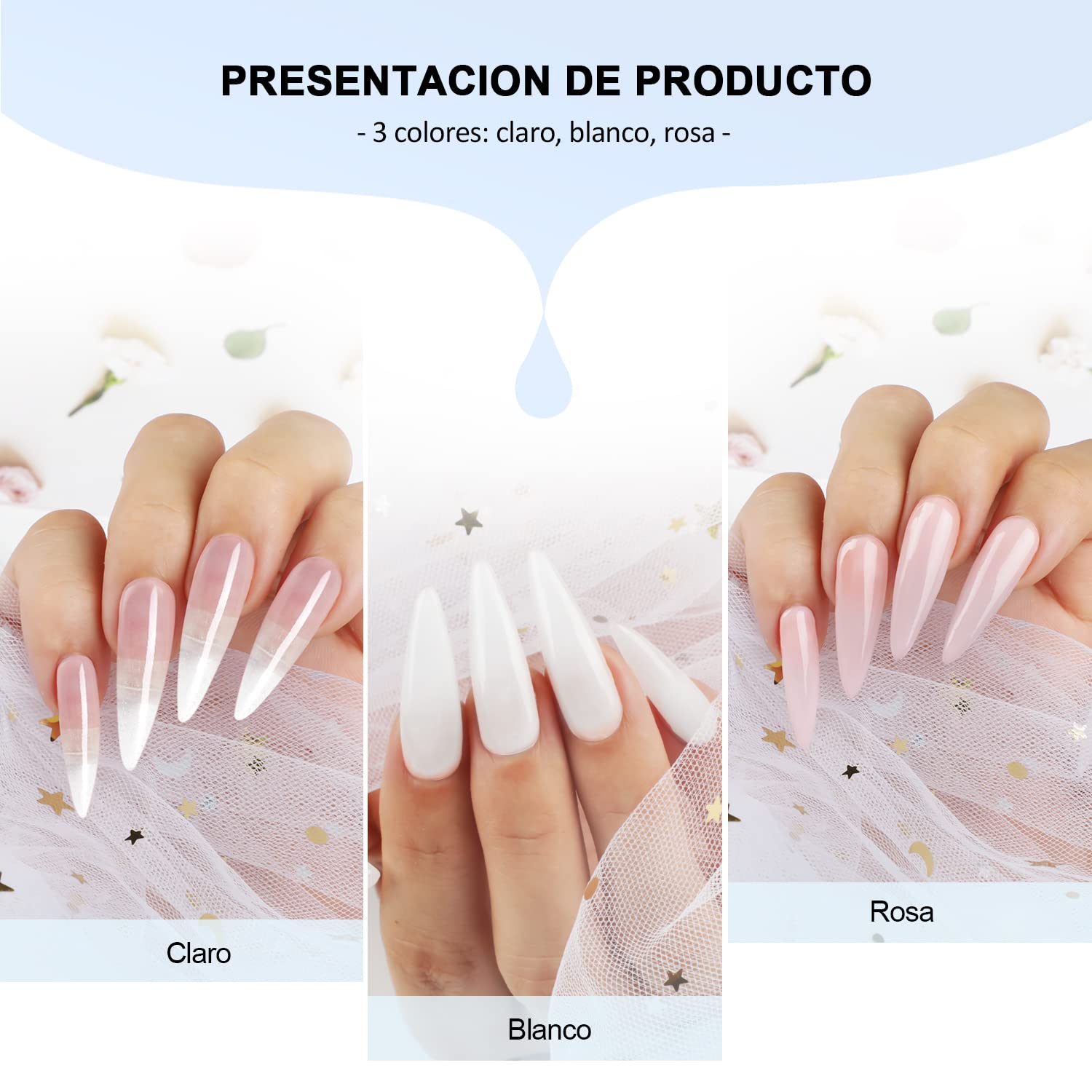 Morovan Polvo Acrílico para Uñas Kit (3 Colores) - Ideal para Principiantes