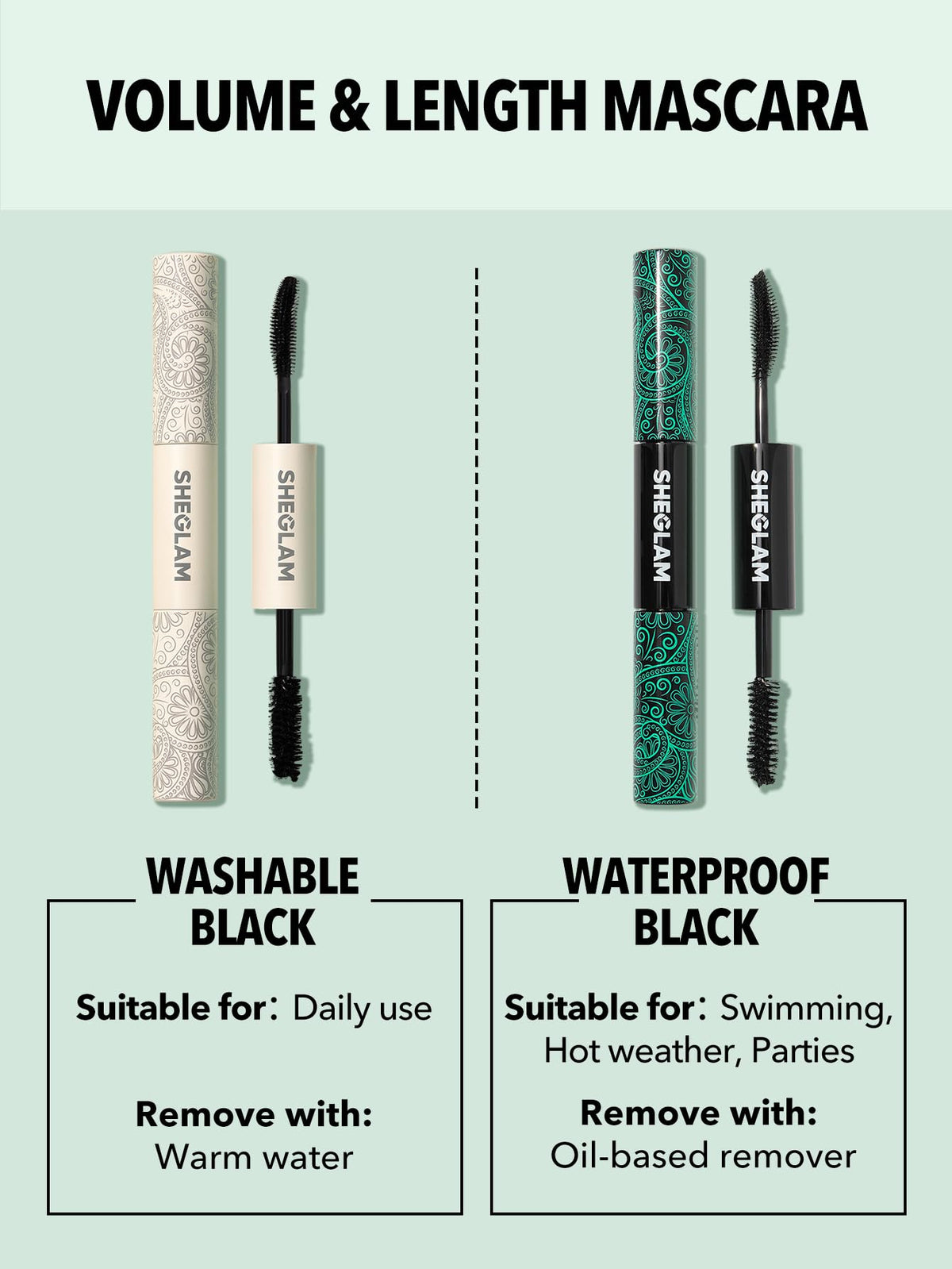 SHEGLAM Máscara de Pestañas 2 en 1 Volumen y Longitud - Rímel a Prueba de Agua de Larga Duración con Doble Cabezal - Maquillaje de Ojos