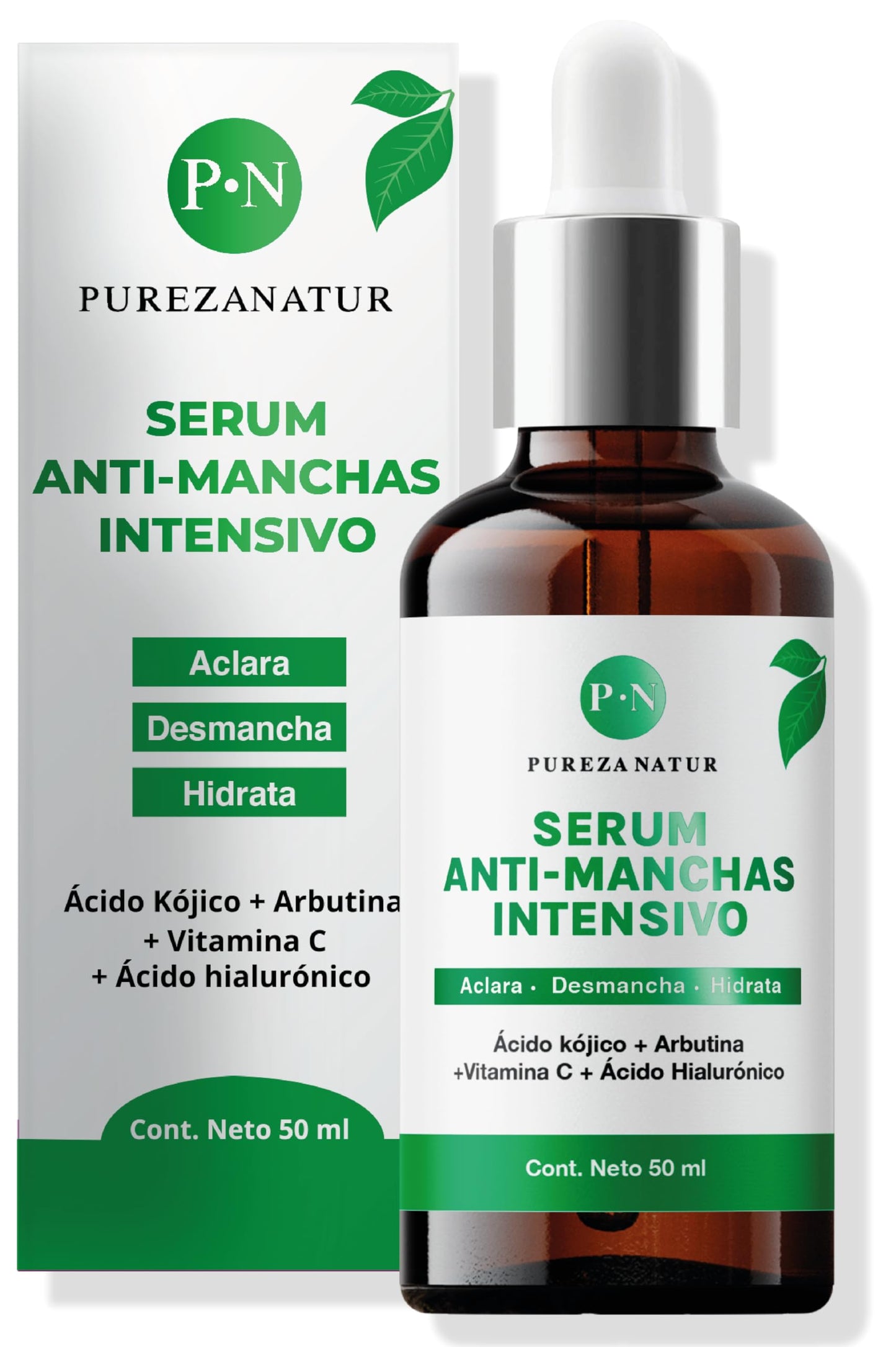 PUREZA NATUR Suero Facial aclarante intensivo para paño en cara y cuerpo + Acido Hialuronico facial + Vitamina C | Serum que Humecta y aclara la piel desvanece arrugas, manchas y repara cutis face repair skincare