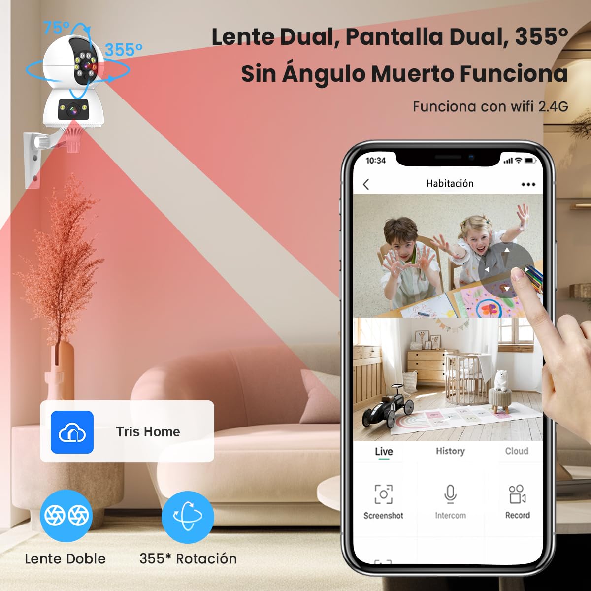 Cámara de Seguridad EASYTAO Q24 2MP WiFi Doble Lente con Audio Bidireccional y Visión Nocturna Compatible Alexa