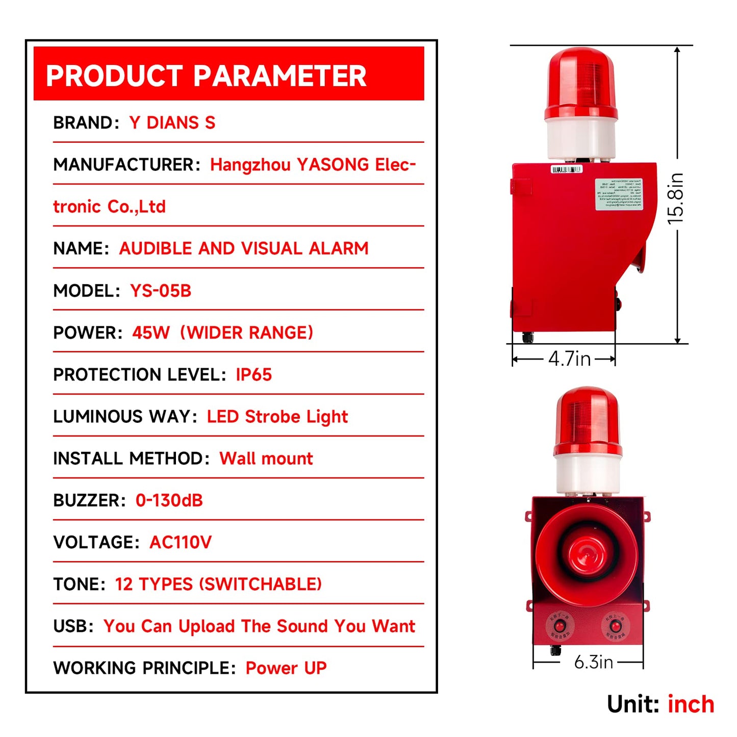 Alarma de Sirena YASONG 130dB Regulable para Entornos Ruidosos e Incendios