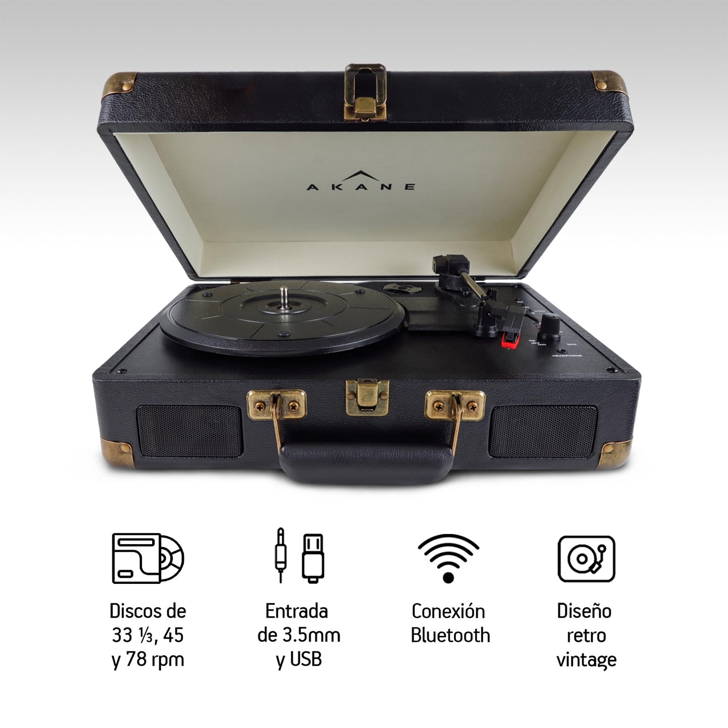 Akane Tocadiscos Vinyl Bluetooth Portátil con Bocinas Estéreo Integradas, Diseño Vintage de Maletín, Puerto USB, Salida de Audífonos y RCA, Entrada Auxiliar, Tornamesa para Vinilo de 3 Velocidades