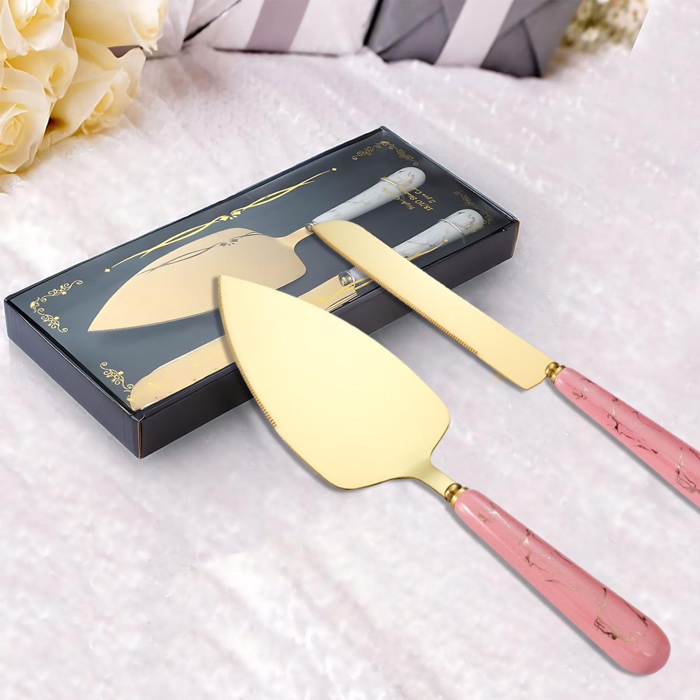 Juego de Pala y Cuchillo para Pastel de Acero Inoxidable Uego Blanco para Bodas y Fiestas
