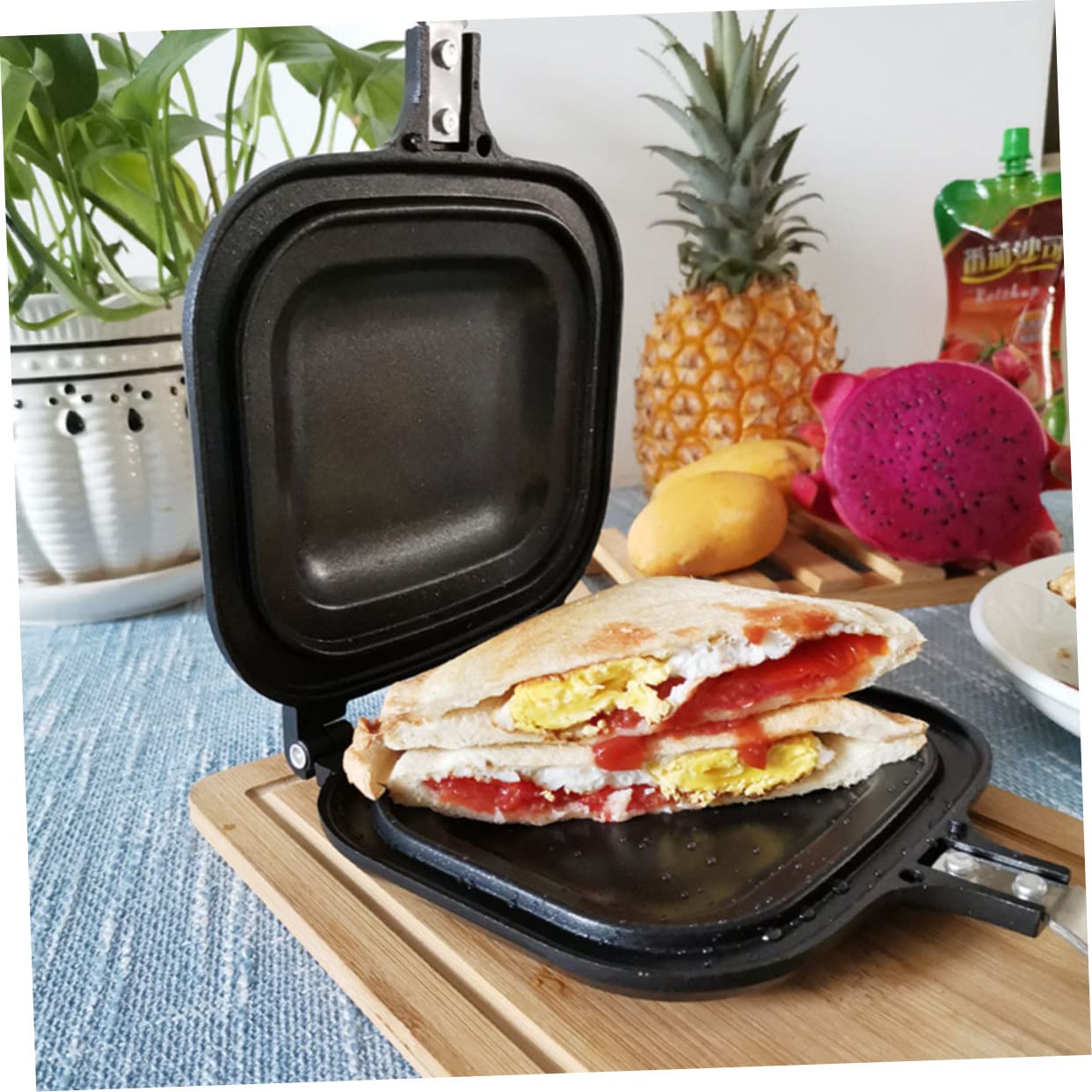 Anneome - Sartén de sándwiches para hornear antiadherentes, tostador de hierro doble, sándwichera, sartén para cocina, sartén para pan, sándwiches, sartén para cocina, sartén para sándwiches
