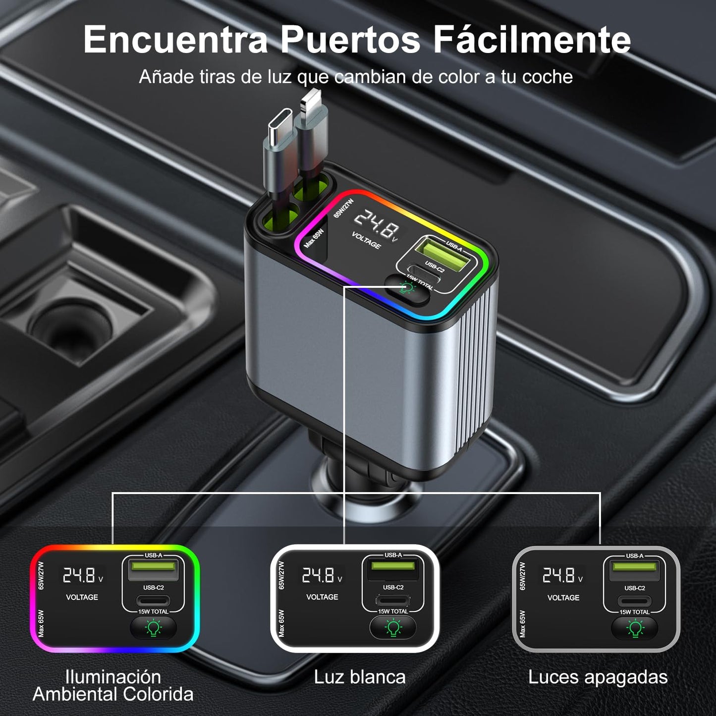 vantisan Cargador para Auto,Adaptador de Cargador de Coche con Pantalla de Luz, 140w Carga Rápida Conector telescópico y 2 Puertos USB con RGB, Compatible con iPhone,Galaxy, Xiaomi
