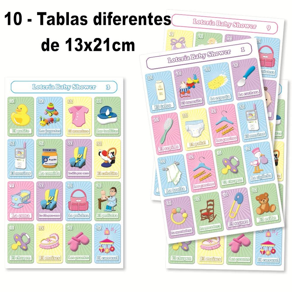 Juego de Loteria Baby Shower Impreso en Español, para 10 Jugadoras - 10 Tablas y Barajas