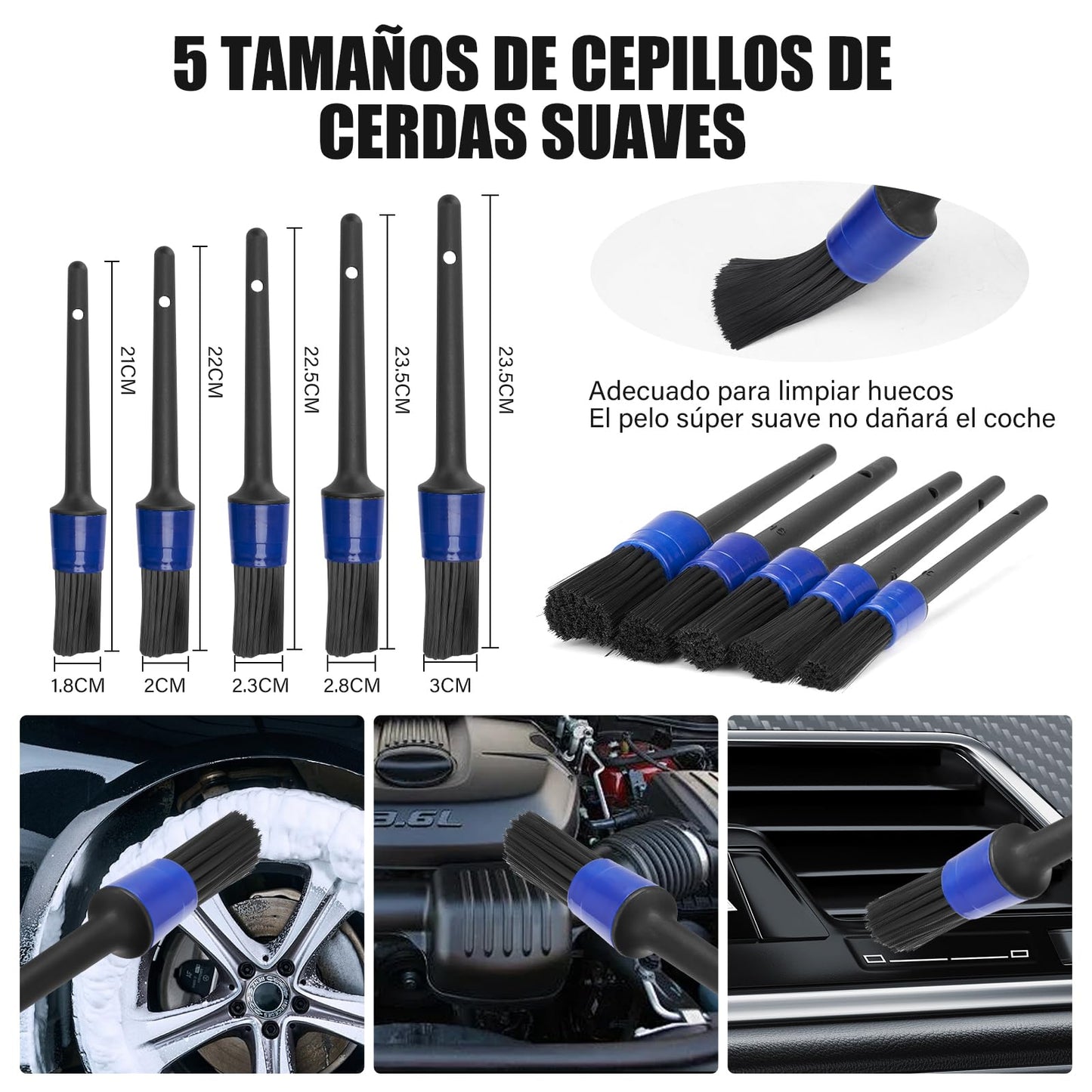 BLUEDREAMER Juego de cepillos de limpieza para coche de 26 piezas,Kit profesional para el cuidado del coche,Limpieza completa del coche,Adecuado para ruedas,Parabrisas,Interior,Asientos.