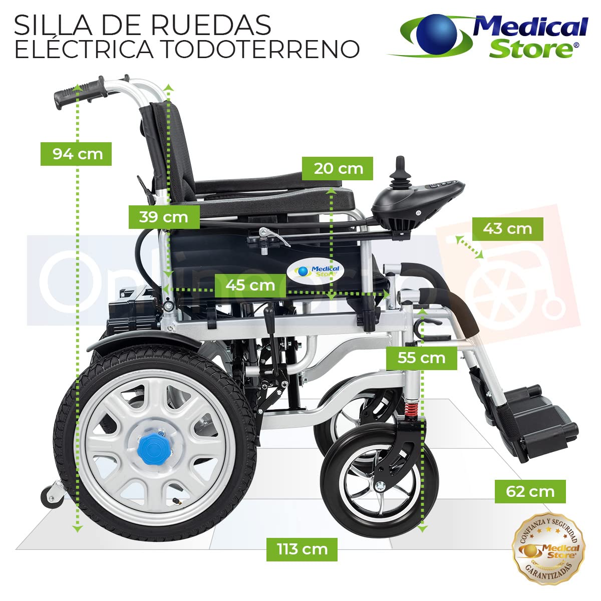 Silla de Ruedas Eléctrica Medical Store Negro de Acero Alta Resistencia con Cinturón y Joystick