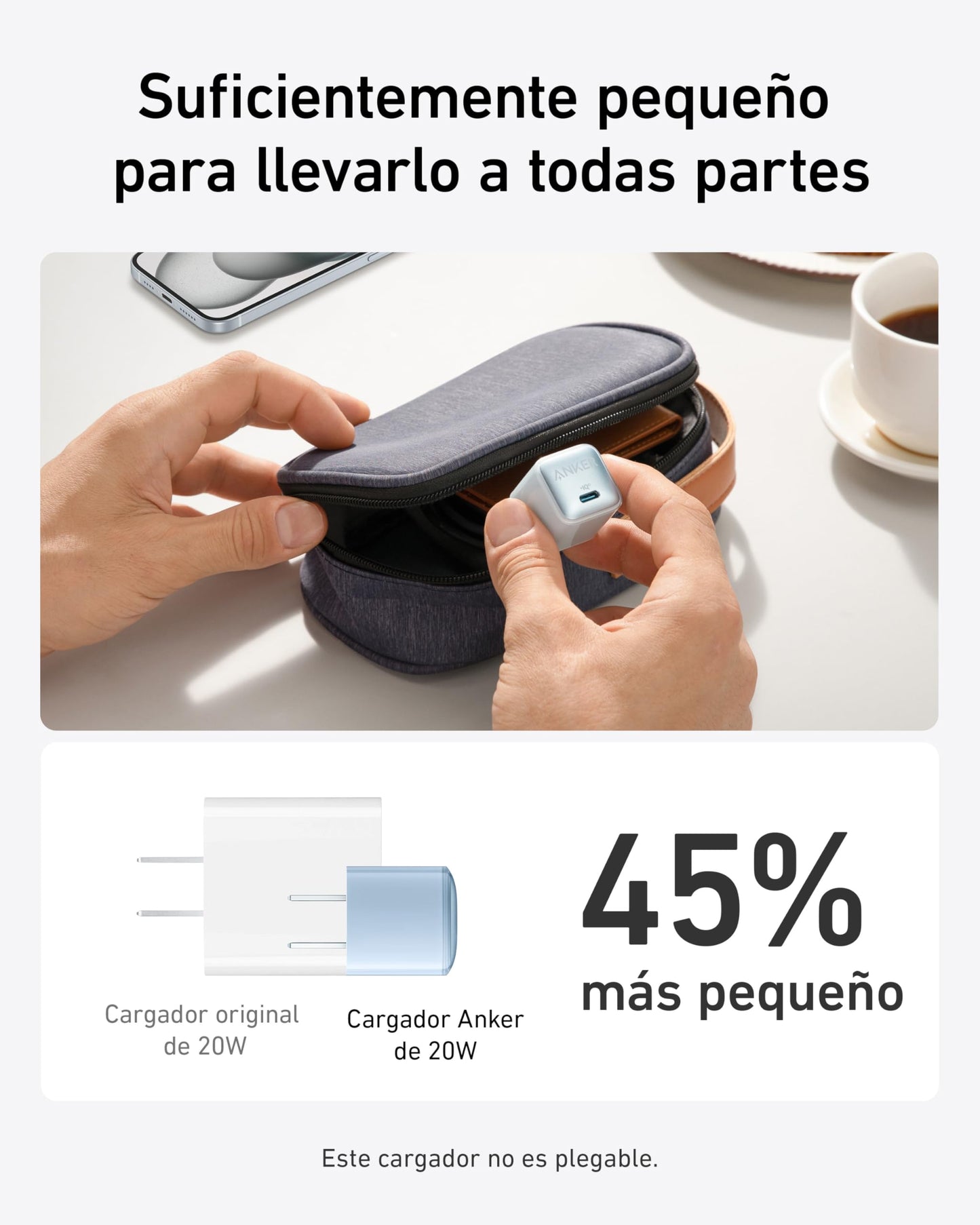 Anker Cargador USB C de 20 W, Cargador 511 (Nano Pro), PIQ 3.0 Cargador rápido Compacto para iPhone 16/16 Plus/16 Pro/16 Pro MAX, Serie 15/14/13, Galaxy, Pixel 4/3, iPad (Cable no Incluido)