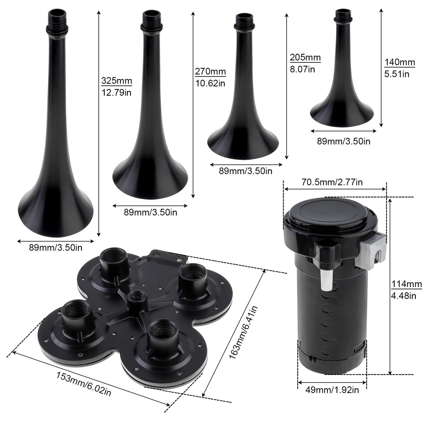 DriSentri - Kit de bocinas de tren, 4 trompeta, bocinas de tren superfuertes de 12 V 185 dB para camionetas, cuatro bocinas de aire de trompeta con compresor para vehículos, camiones, camionetas,