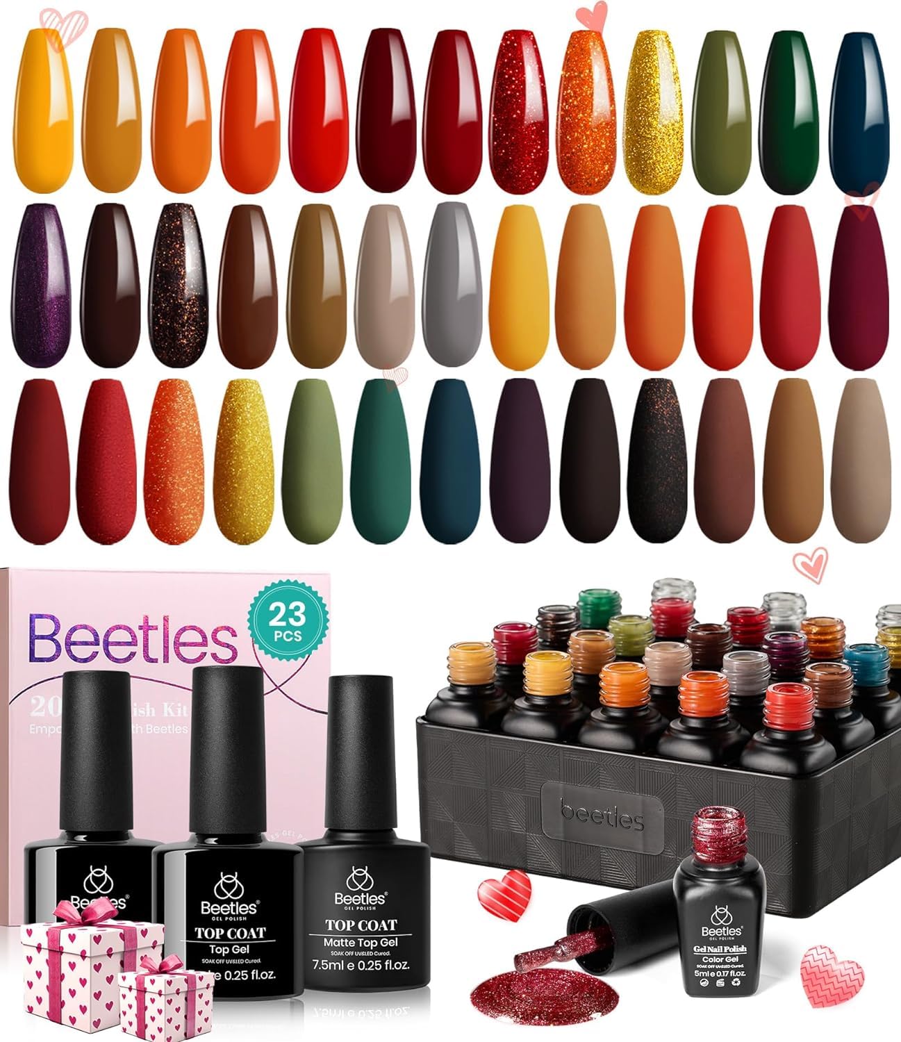 Beetles Esmalte de Uñas de Gel -Colección Cozy Campfire Otoño Invierno Naranja Amarillo Verde Juego de Esmalte de Uñas de Gel Soak Off LED Lámpara de Uñas Base Capa Superior Kit de Uñas de Gel Regalos Para Mujeres