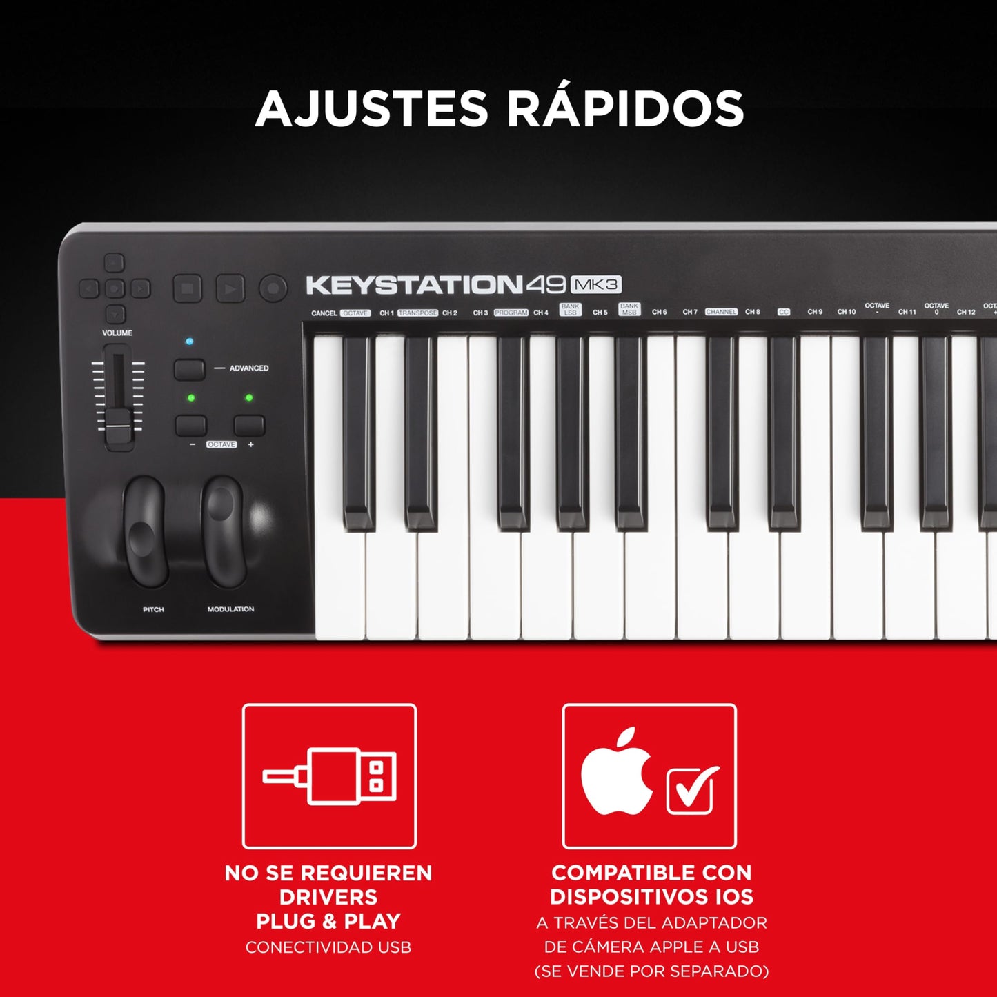 M-Audio Keystation 49 MK3 - Controlador MIDI USB con teclado de 49 teclas, controles asignables, ruedas de pitch/modulación, suite de software