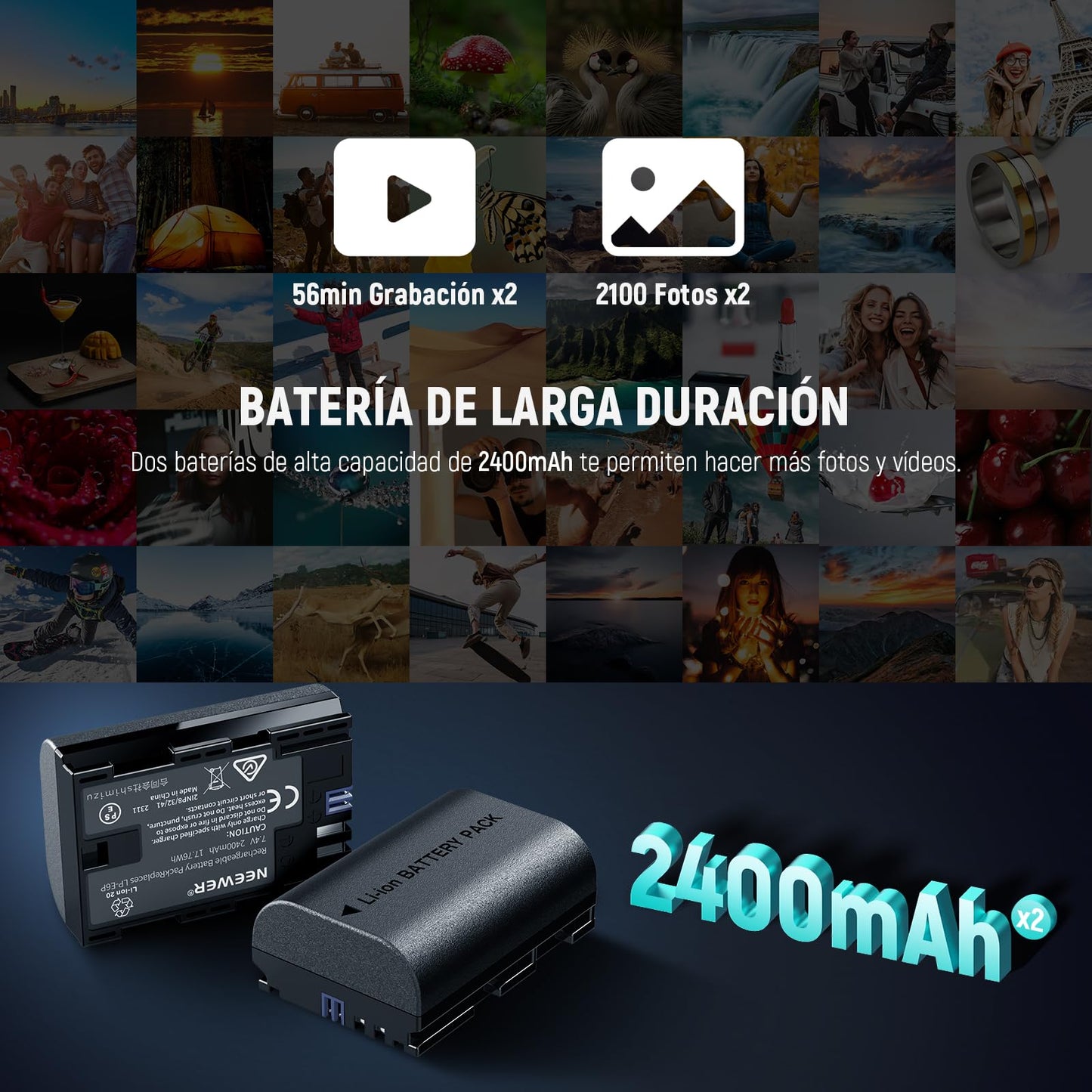 Paquete de 2 Baterías de Repuesto NEEWER LP-E6P/LP-E6NH/LP-E6N/LP-E6 Compatible con Canon EOS R5 R6 R7 5D II III IV 6D II y Cargador Dual USB