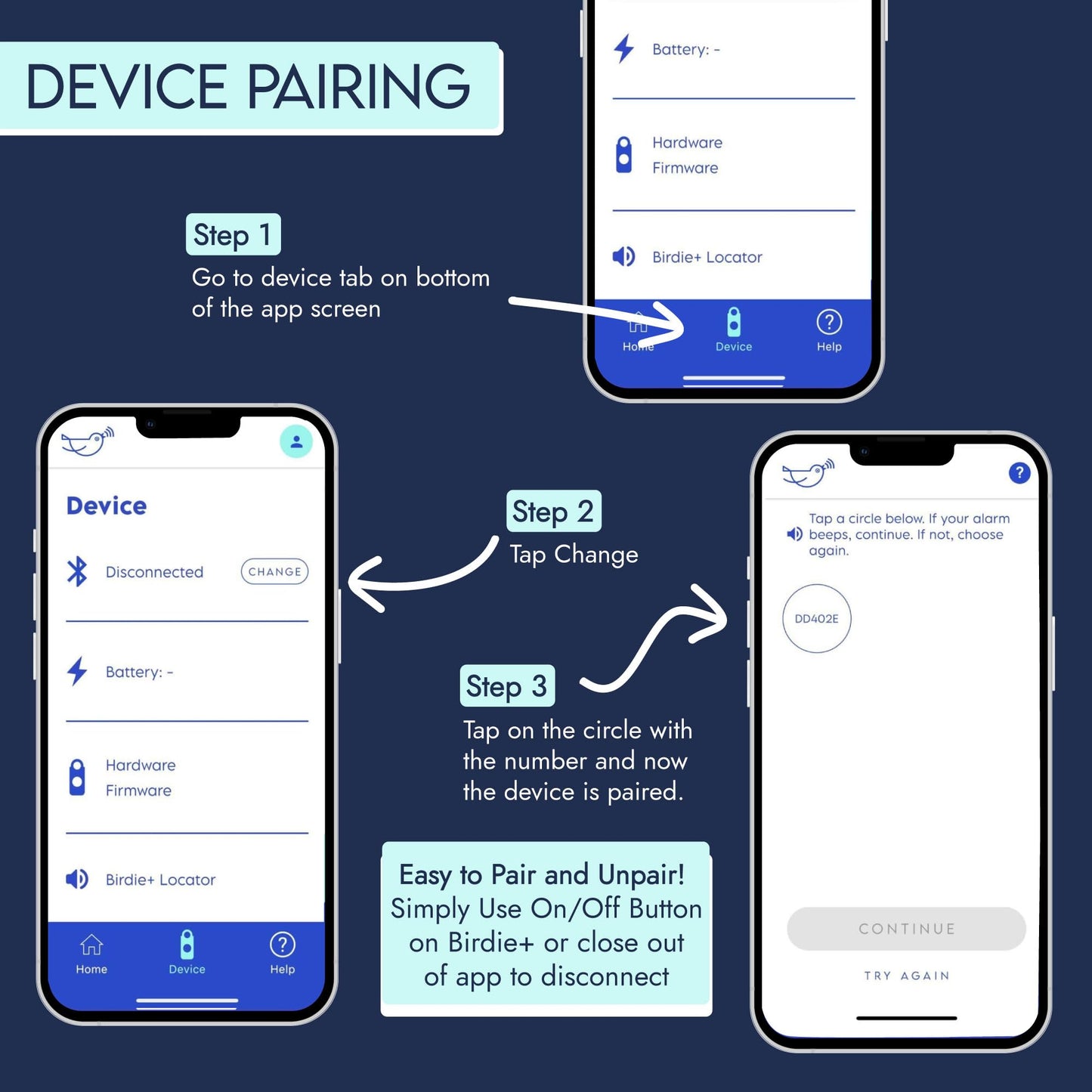 Alarma de Seguridad Personal Inteligente Birdie Azul con Sirena Fuerte y Bluetooth para Mujer