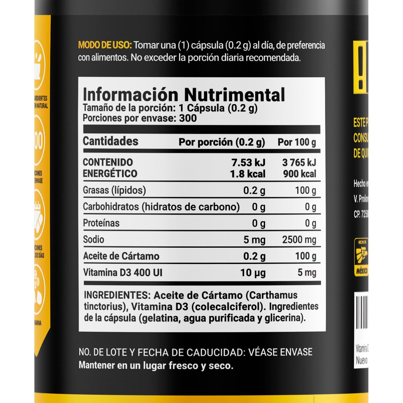 Aceite de Cártamo B Life D3+ Ingredientes Naturales 300 Softgels
