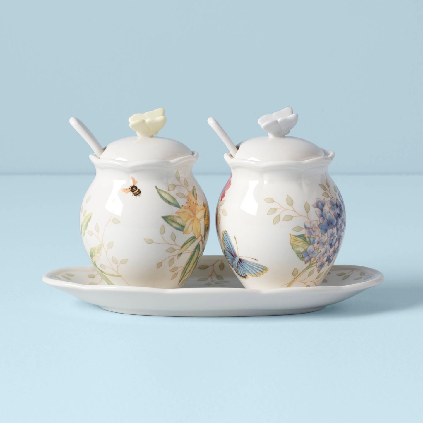 Lenox Salero y pimentero de porcelana fina, diseño floral y mariposa, Set de condimentos, 7 piezas, Blanco, 1