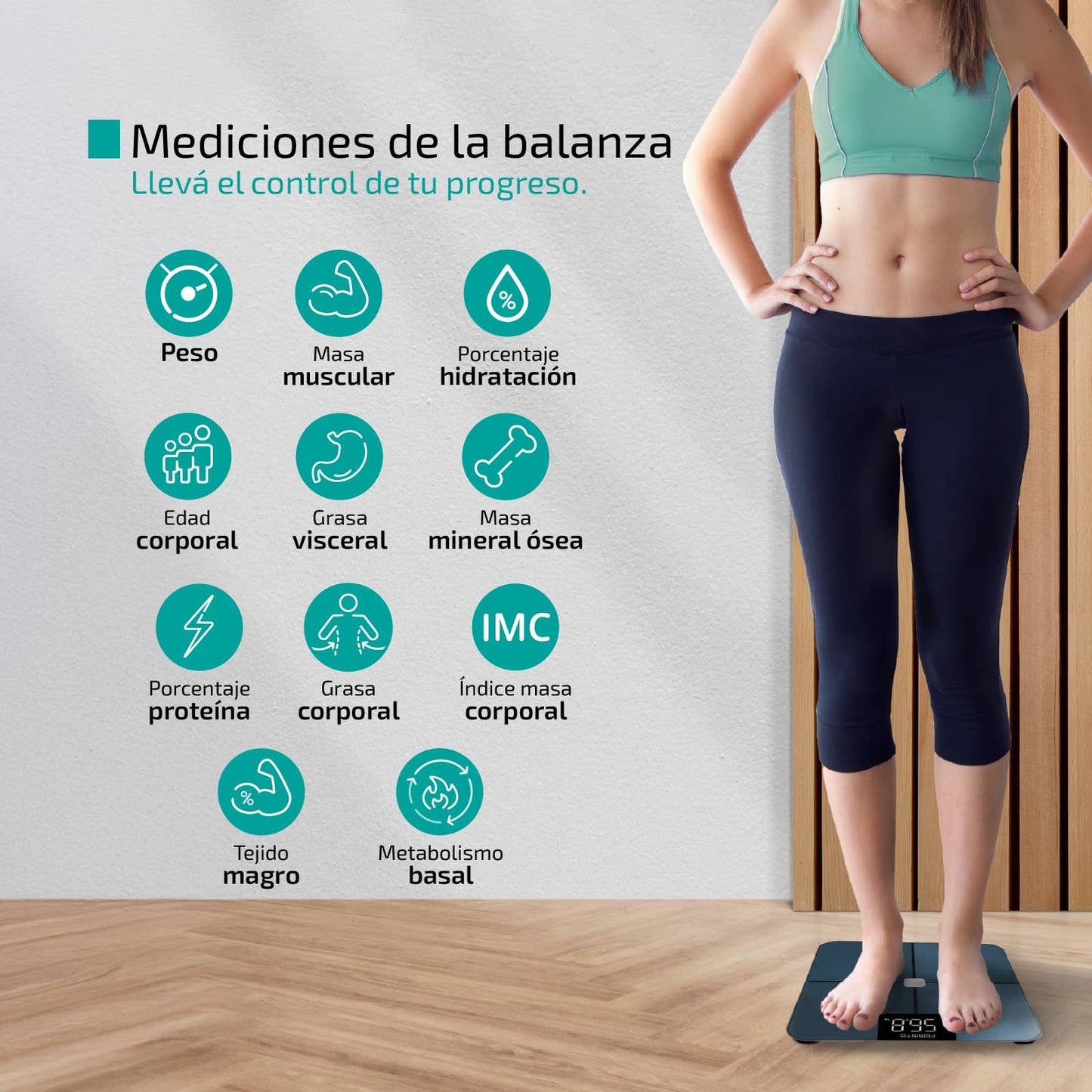Bascula Corporal Digital Bioimpedancia Inteligente Bluetooth 180kg Personas Peso Pesa Grasa Baño Personal Femmto