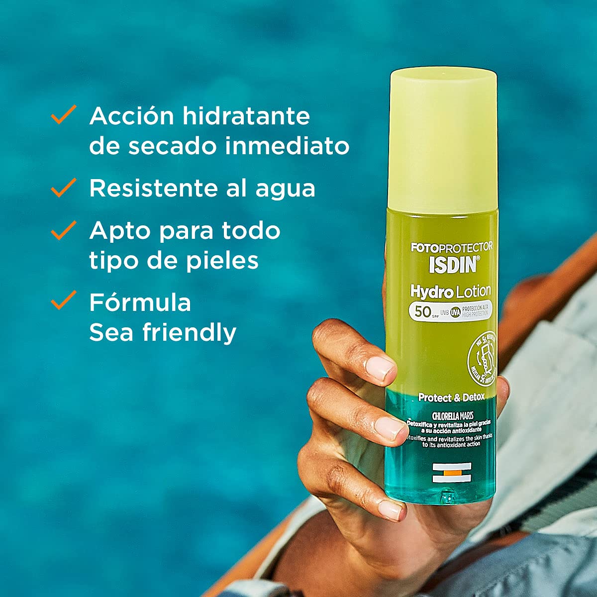ISDIN Fotoprotector hydrolotion spf 50, protector solar corporal bifasico que protege y detoxifica la piel, hidratante y efecto refrescante, 200ml