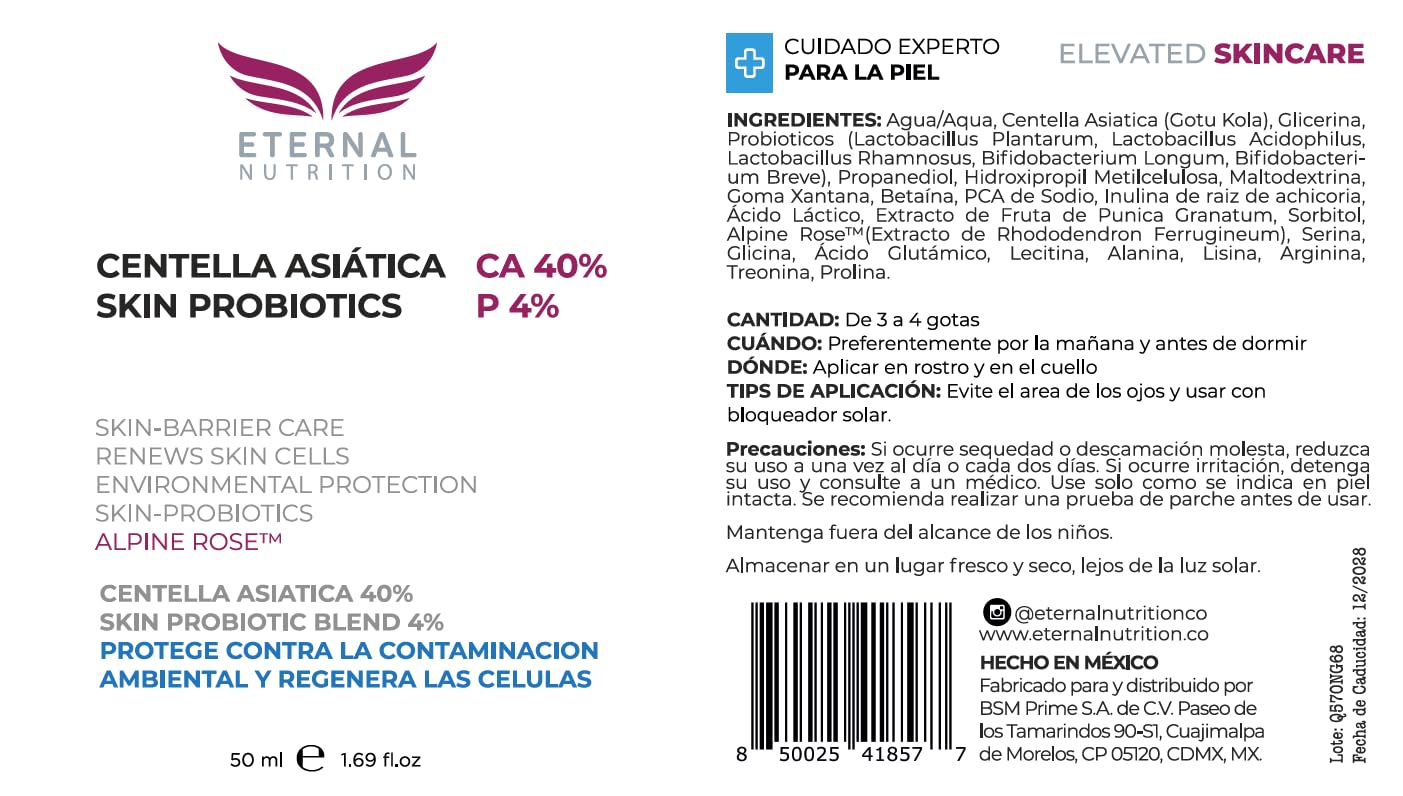 Serum CENTELLA ASIATICA 40%, Skin Probiotics 4%. 50 ml. Suero Protector y Regenerador de Células | Ingredientes Naturales | Skin Care | Piel Sana y Joven Uniforme | Textura Ligera | Para Todo Tipo de Piel by ETERNAL NUTRITION