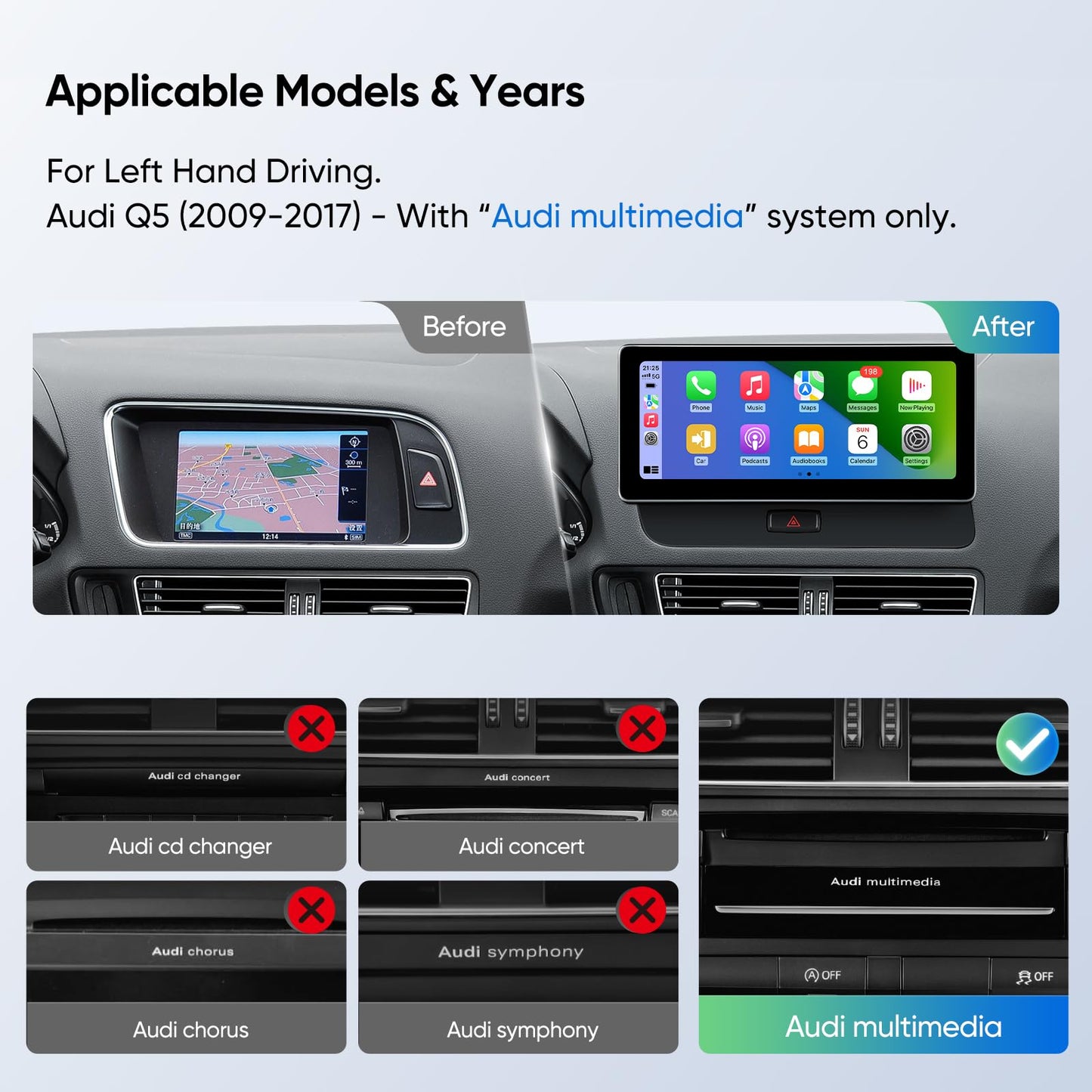 visualización táctil estéreo de coche para Audi Q5 2009-2017 OEM System, Android Auto Wireless CarPlay Bluetooth Upgrade Factory Radio Reemplazo (26 cm Concert/Symphony)
